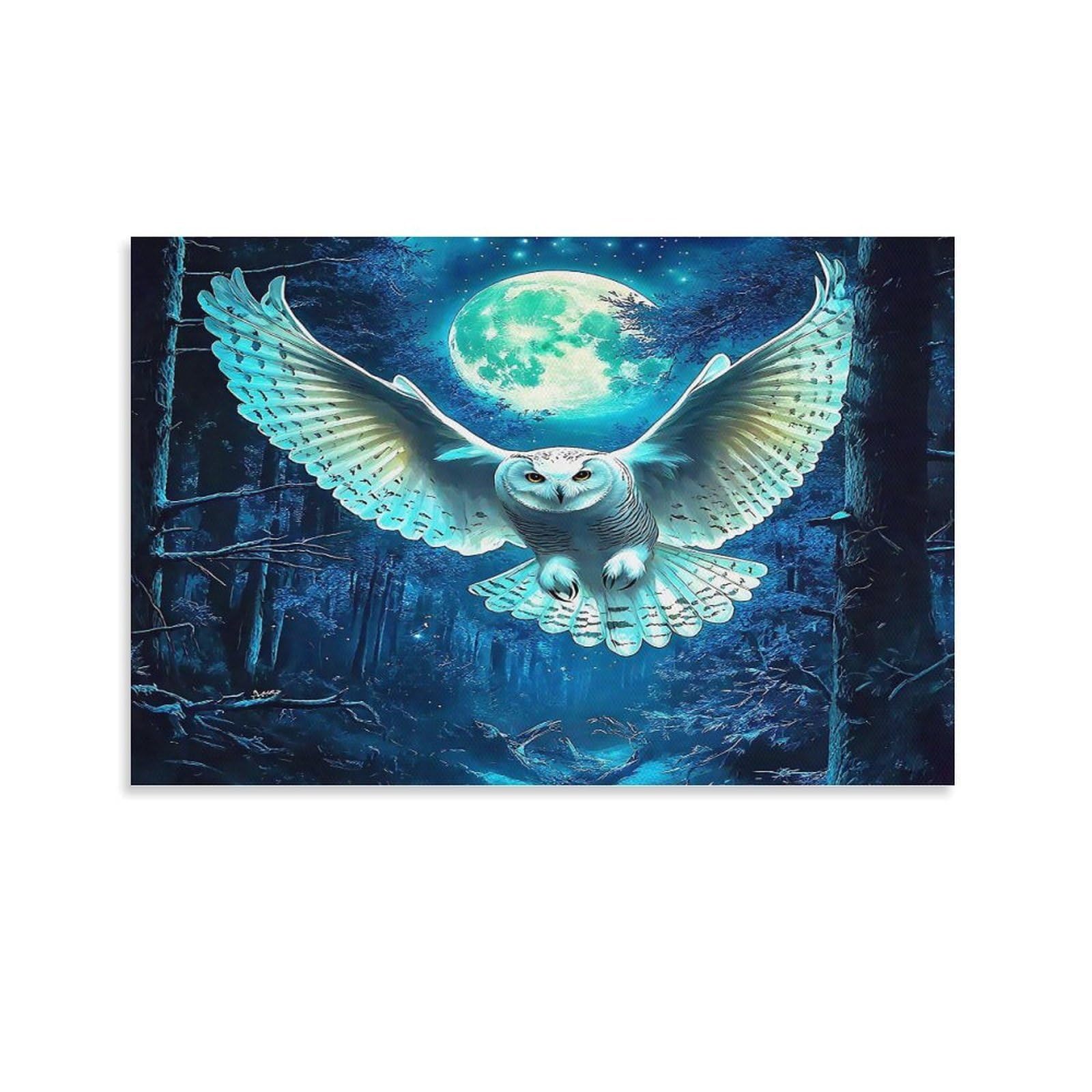 CPLVKWRQJ Snowy Owl Perched in Winter Forest Single Glowing Barn Owl Flying before Green Moon Framed Canvas Wall Art - Living Room Gallery Wall Statement Piece Fade Resistant Decor 12x18inch(30x45cm)