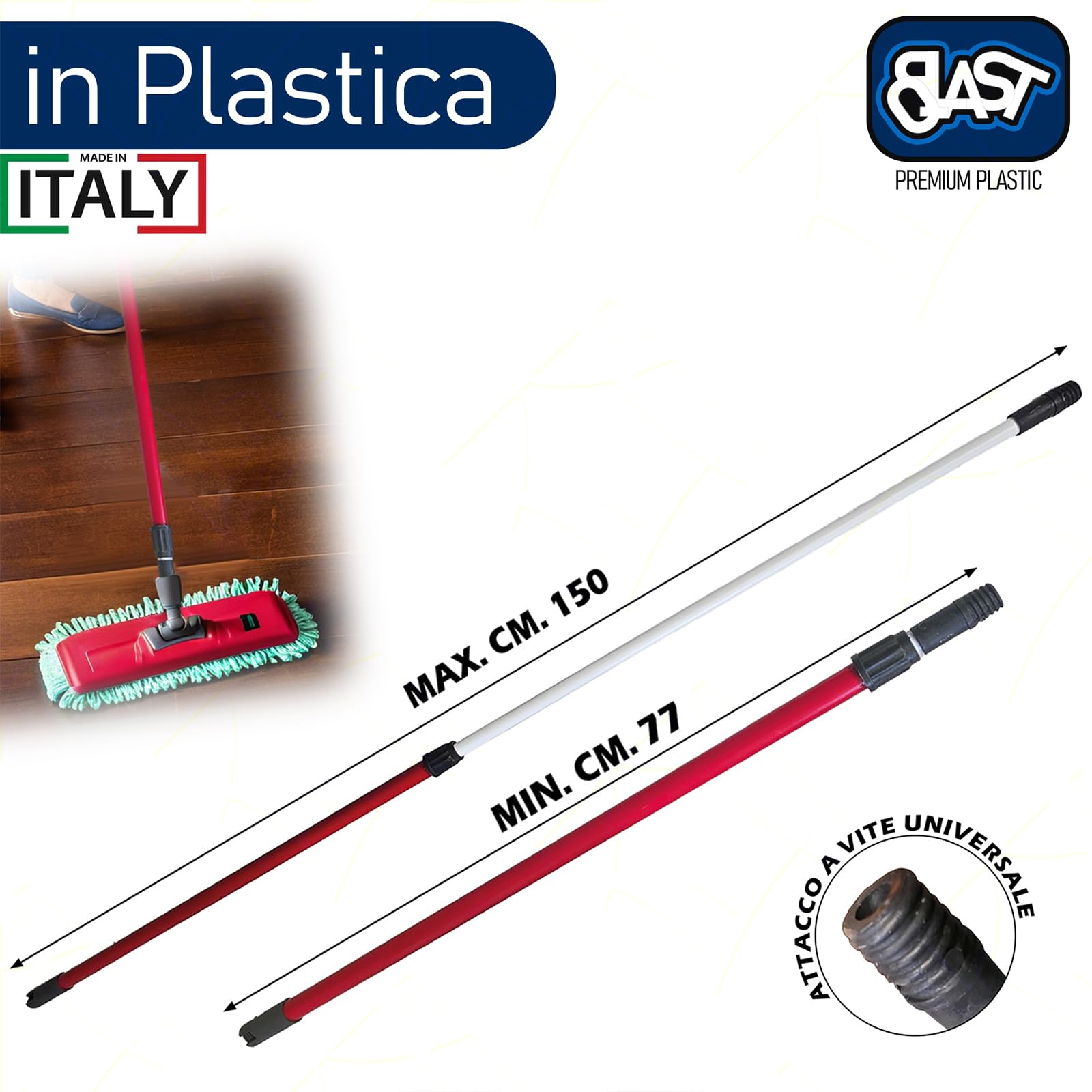 Sicignano Manico Telescopico per Scopa Universale Allungabile 77-150 cm Rosso Plastica Alluminio
