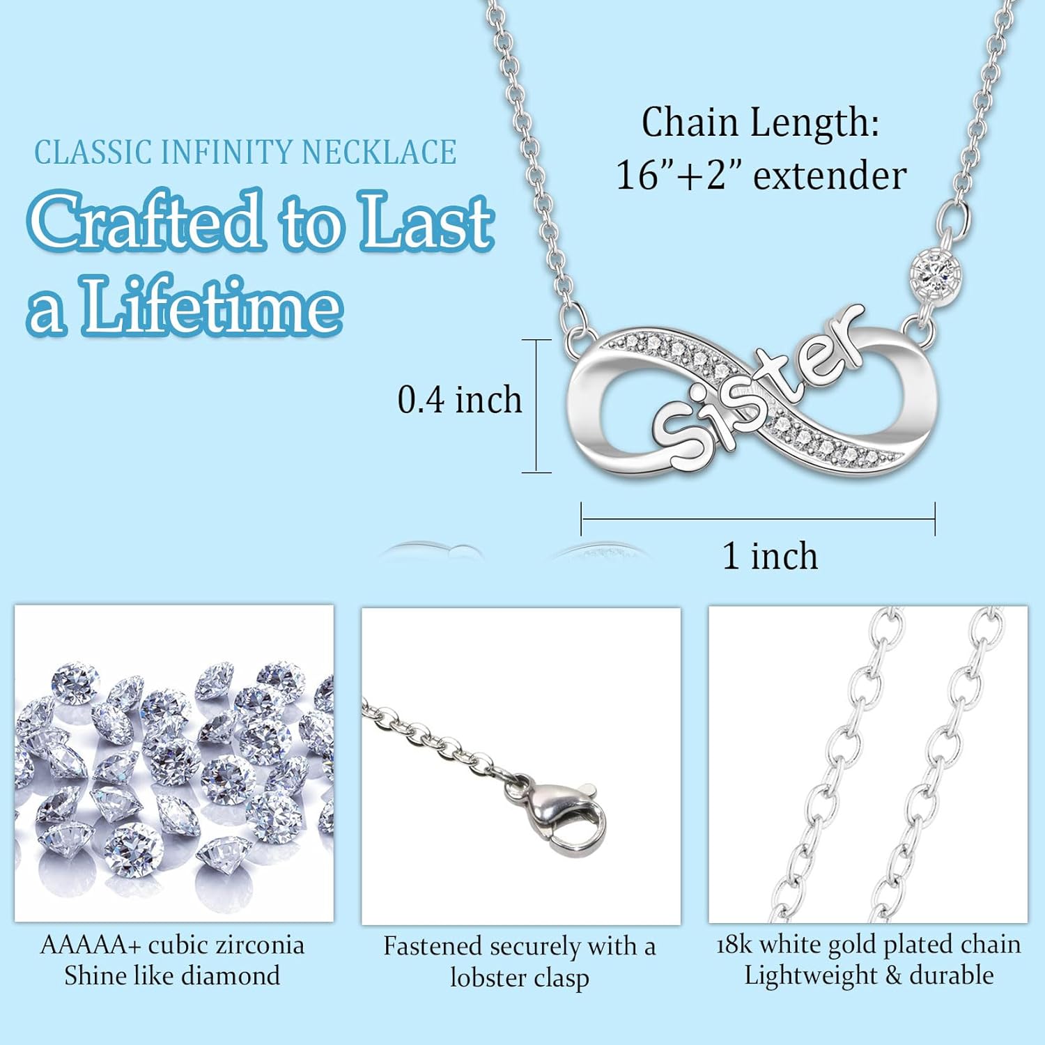 EPIRORA Gifts for Sister- Silver Infinity Pendant Necklace Jewellery Sister Presents for Women & Girls on Birthday Christmas Mother's Day Valentines Day - Image 5