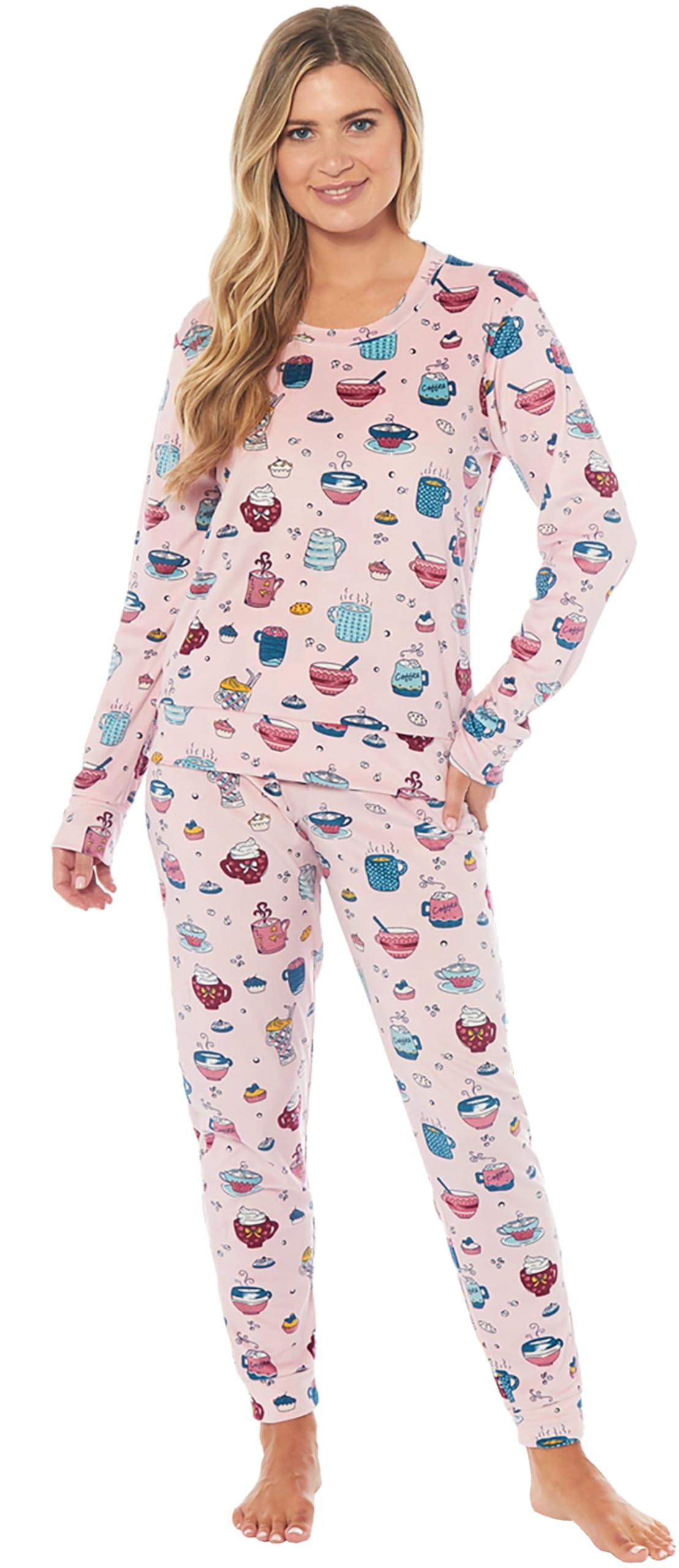 Kate Morgan Women's Pink Coffee Pyjamas Warm Fleece Pj For Sets Pjs S-Xl | Soft Twosie Pyjama Set For Gifts For Her Xl