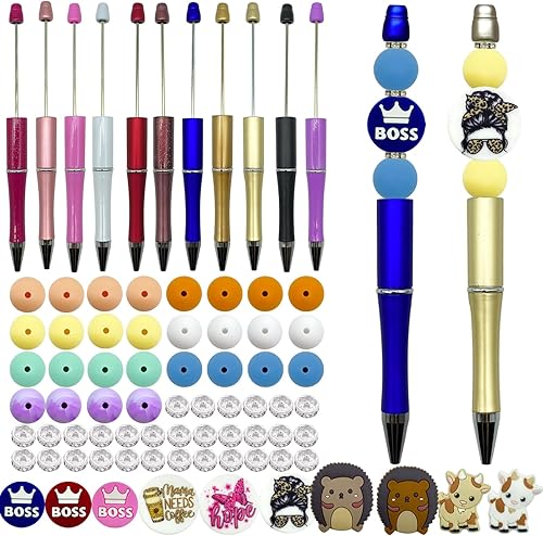 Bolígrafos con abalorios de silicona, cuentas focales de silicona, cuentas con forma de personajes de animales, con 11 bolígrafos de plástico con