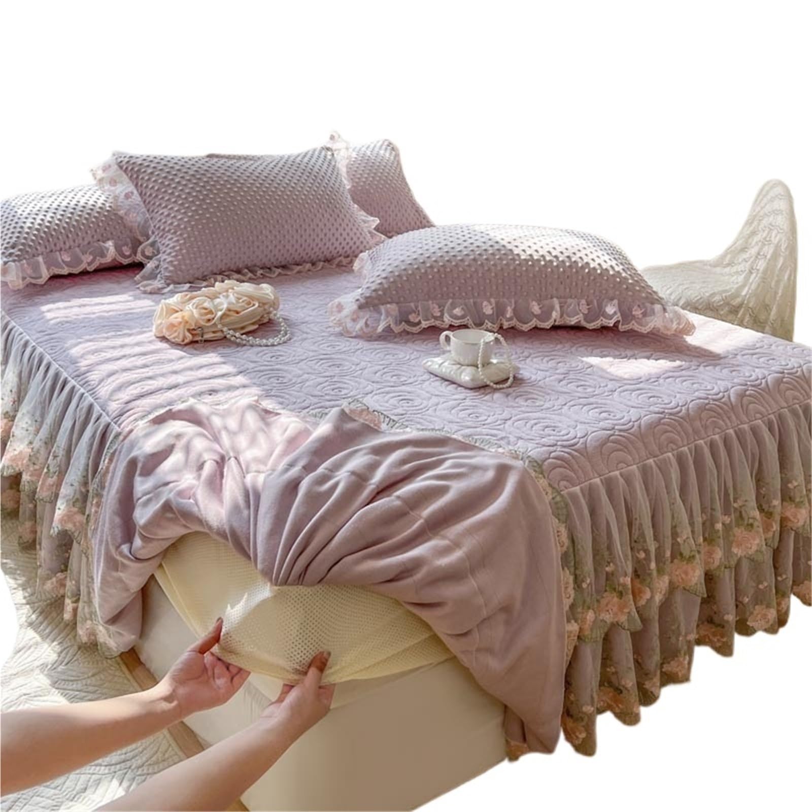 3Pcs Thickened Crystal Velvet Fitted Sheet Bed Skirt, Flowers Lace, Quilted Bedspread, Cover, Pillowcases(Purple,180X220cm 3pcs)