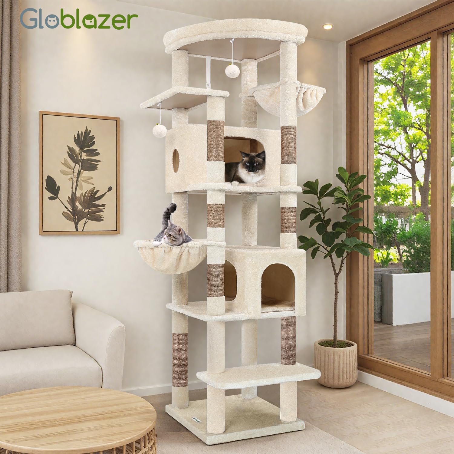 Globlazer Árbol Rascador Beige Grande Alto 188 cm con 2 Grandes Nidos, 48 * 48CM Plataformas Acolchada, 2 Felpa Cesta, Estable Árbol Torre para Grande Gato 3-5 Adulto Gatos Más de 5 kg (S74, Beige)