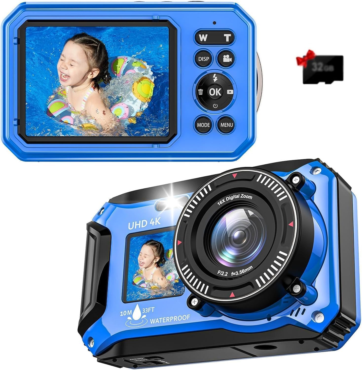 UHD 4K 56MP 33FT Digital Underwater Camera with 32GB Card, Dual Screen, Waterproof, Dustproof, Floating, Compact, Autofocus, Tip and UHD 4K 56MP 33FT Digital Underwater Camera with 32GB Card, Dual Screen, Waterproof, Dustproof, Floating, Compact, Autofocus, Tip and