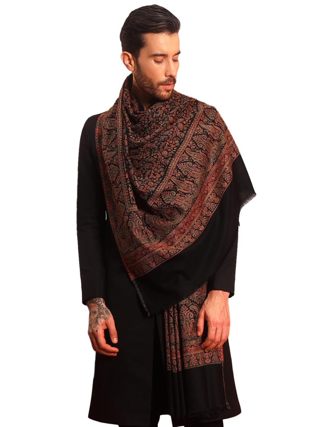 Men Jalwaa Jamawar Shawl, Stole and Wrap, Sustainable and Natural Fabric, Heritage Kashmiri Pashmina, Medium Size for Gents, (Size 40x80 Inches)