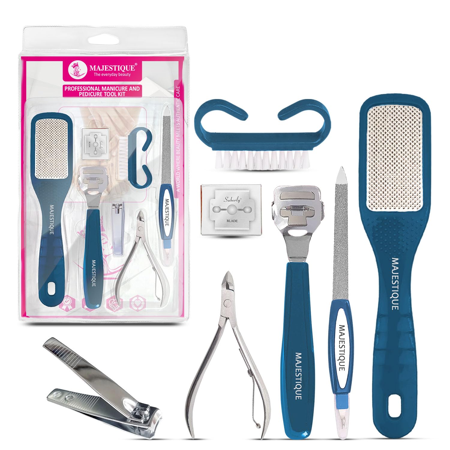 Majestique Professional Manicure and Pedicure Tools Kit | 7-Piece Set for Smooth, Beautiful Feet | Ideal for Personal and Professional Use | Manicure Pedicure Kit for Women, Men, Girls & Boys - 7Pcs/Multicolor