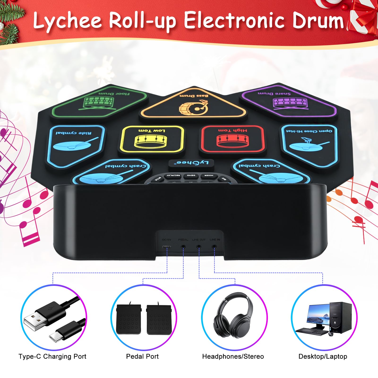 Lychee Batteria elettronica, pieghevole, 9 pad, batteria elettronica stereo, altoparlanti integrati, supporta collegamento esterno, regalo eccellente