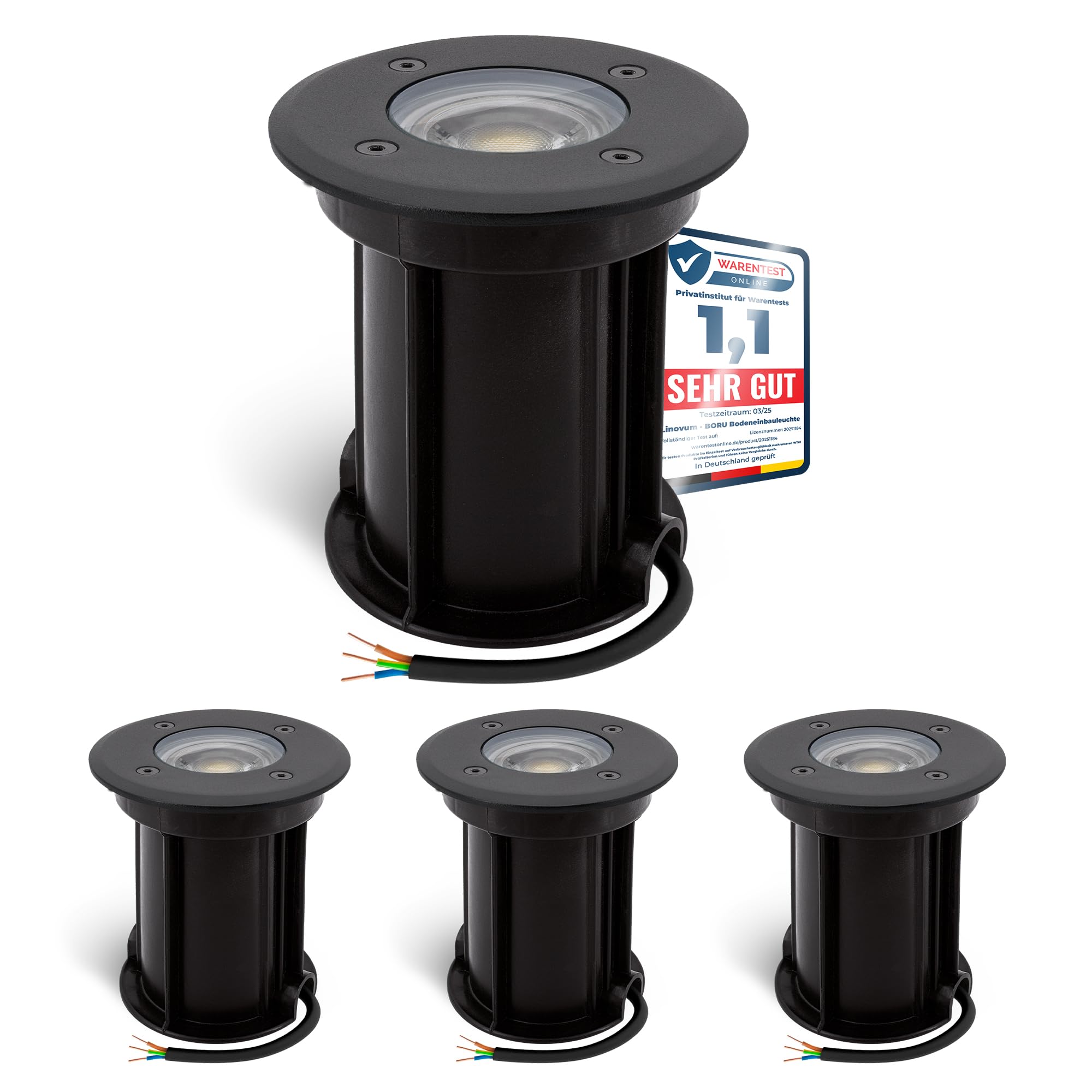 linovum BORU Bodeneinbaustrahler 4er Set schwarz IP67 GU10 2W warmweiß | Vier befahrbare Bodenstrahler bis 500kg schwarz - warmweiß, sparsam 2W, für Wege & Beete, inkl. Einbaudose, IP67, inkl. LED