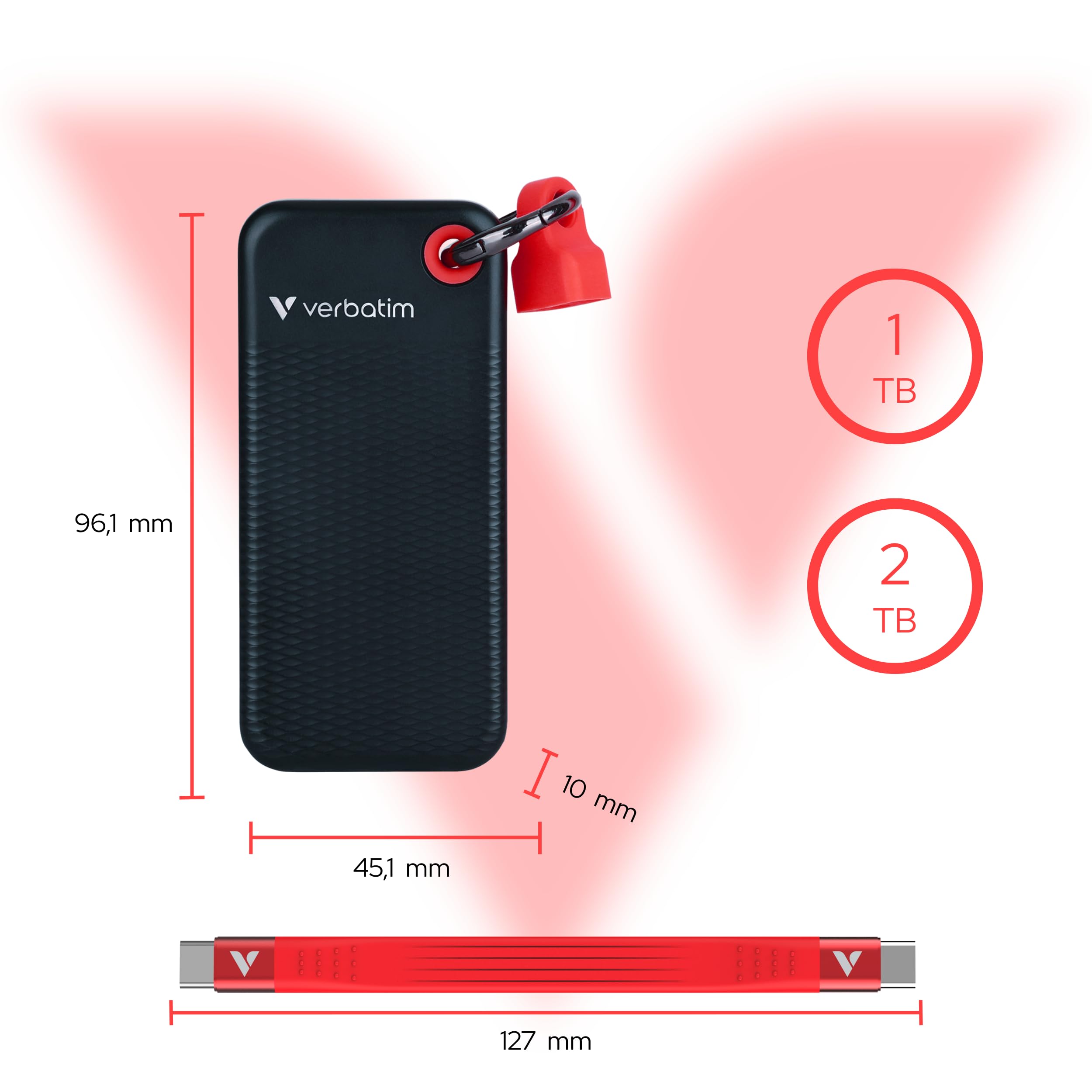Verbatim Pocket SSD 1 TB, Externe SSD USB 3.2 Gen 2, bis zu 1000 MB/s Lesen & Schreiben, tragbare Festplatte für PC, Mac & Konsole, Schwarz/Rot