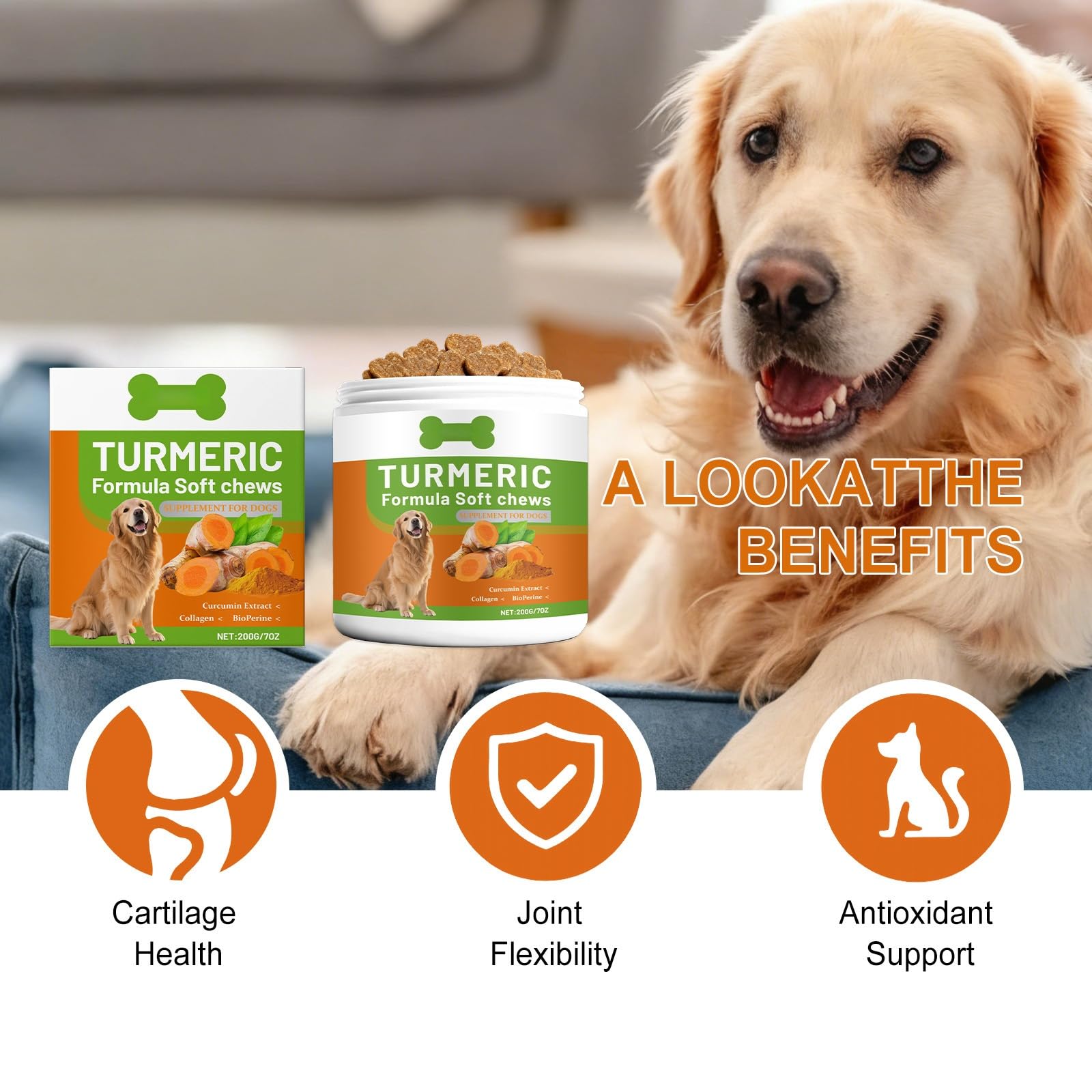 Curcumina per Cani,200g Integratore Alimentare per Cani a Base di Curcuma e Piperina,Supporto per Articolazioni e Mobilità