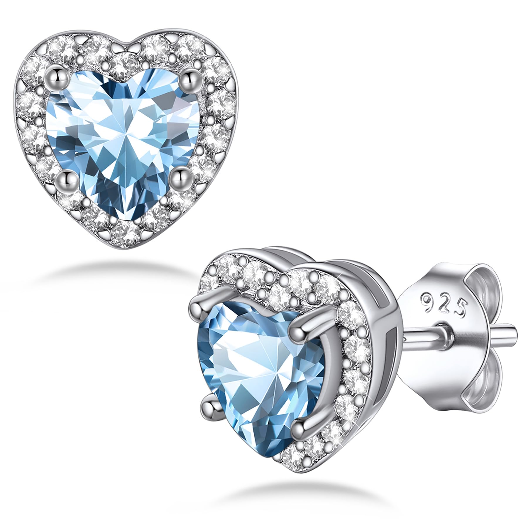 Bestyle Sparkling 925 Sterling Silver Birthstone Stud Earrings for Women, Heart/Round/Teardrop/Square Solitaire Diamond Studs Earrings, Great Birthday/Christmas Gifts