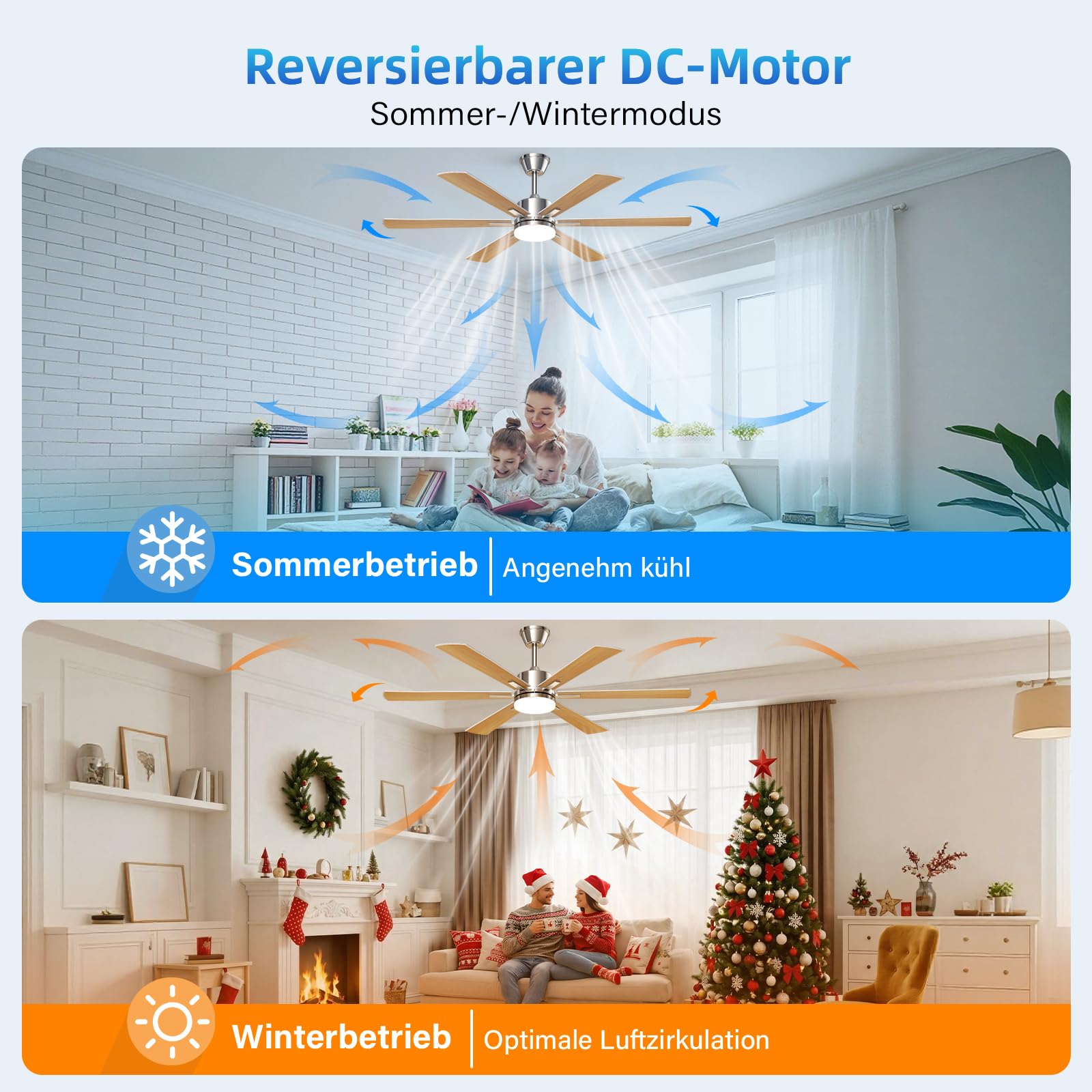 EppieBasic Ventilateur Plafond avec Lumiere Salon: 132 cm Ventilateur Plafond Moteur DC Silencieux avec Télécommande/Appli – 6 Vitesses, Design Moderne, 6 Pales Aspect Bois pour Chambre