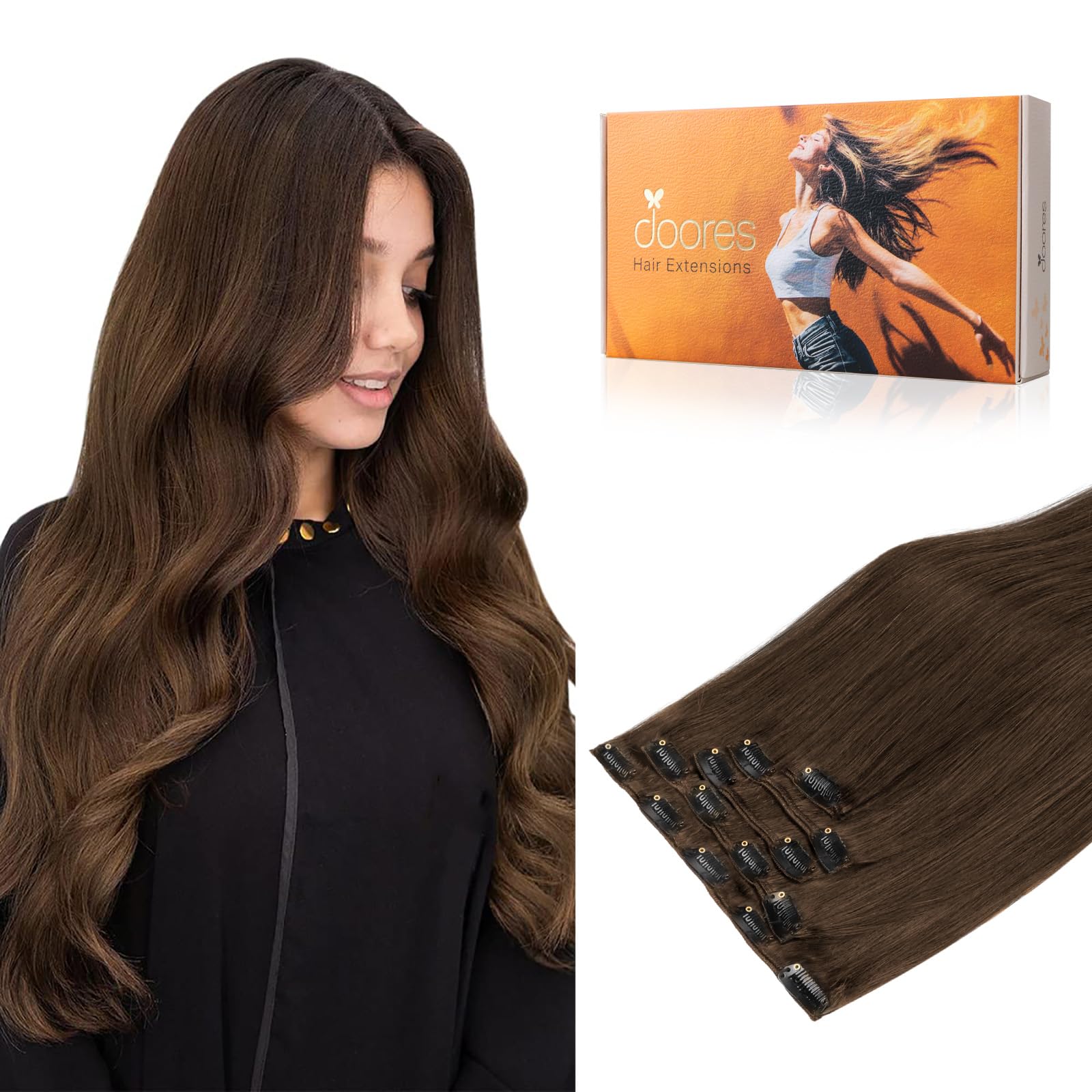 DOORES Clip in Extensions Echthaar, Schokoladenbraun 35cm 14 Zoll 75g 5pcs, seidig glatte Extensions Echthaar Clip