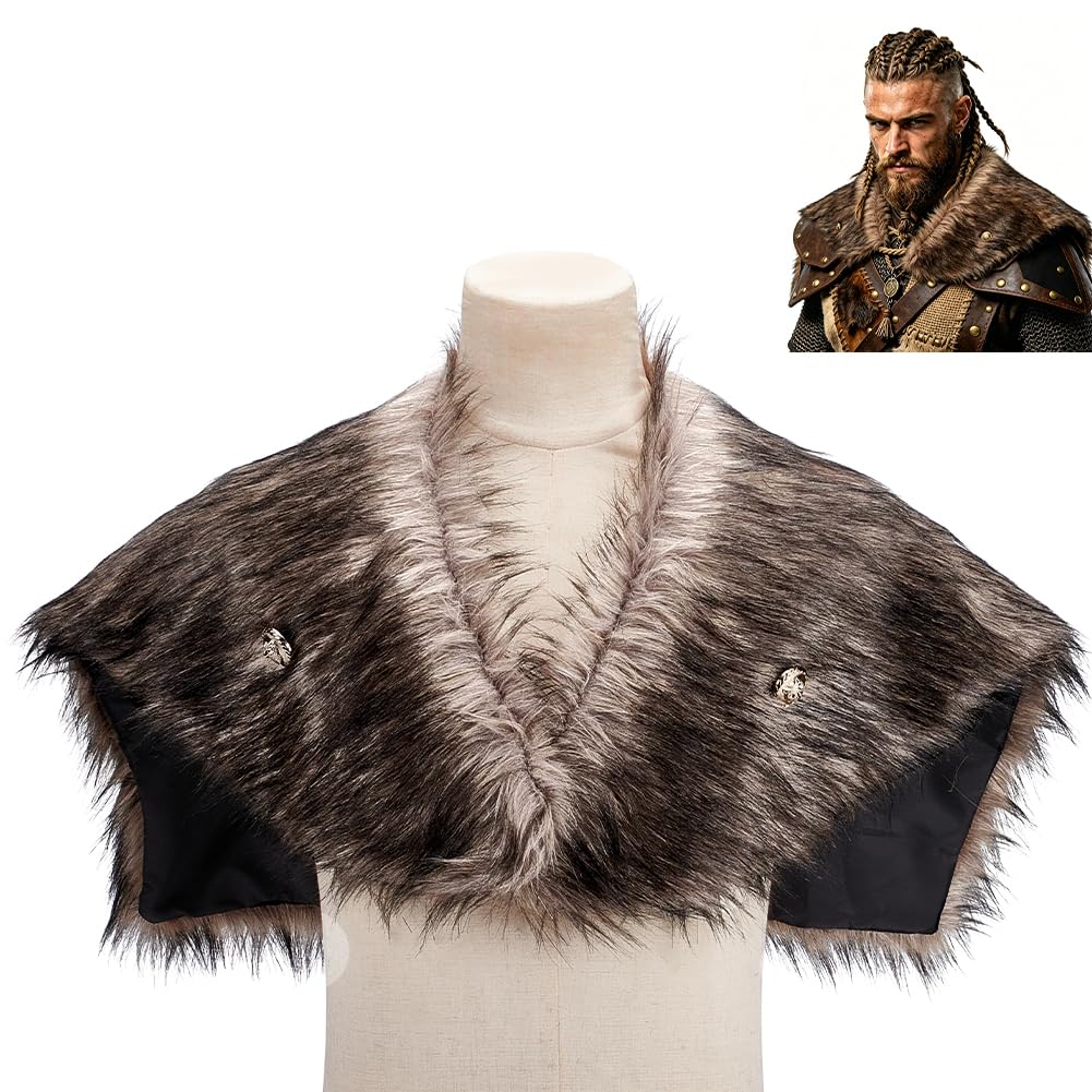 NBEADS Viking Artificial Fur Shawl Barbarian Fur Collar, Men Viking Fur Shawl Medieval Faux Fur Mantle Shoulder Wrap Collar Warrior Renaissance LARP Cosplay Costume, 70x68cm
