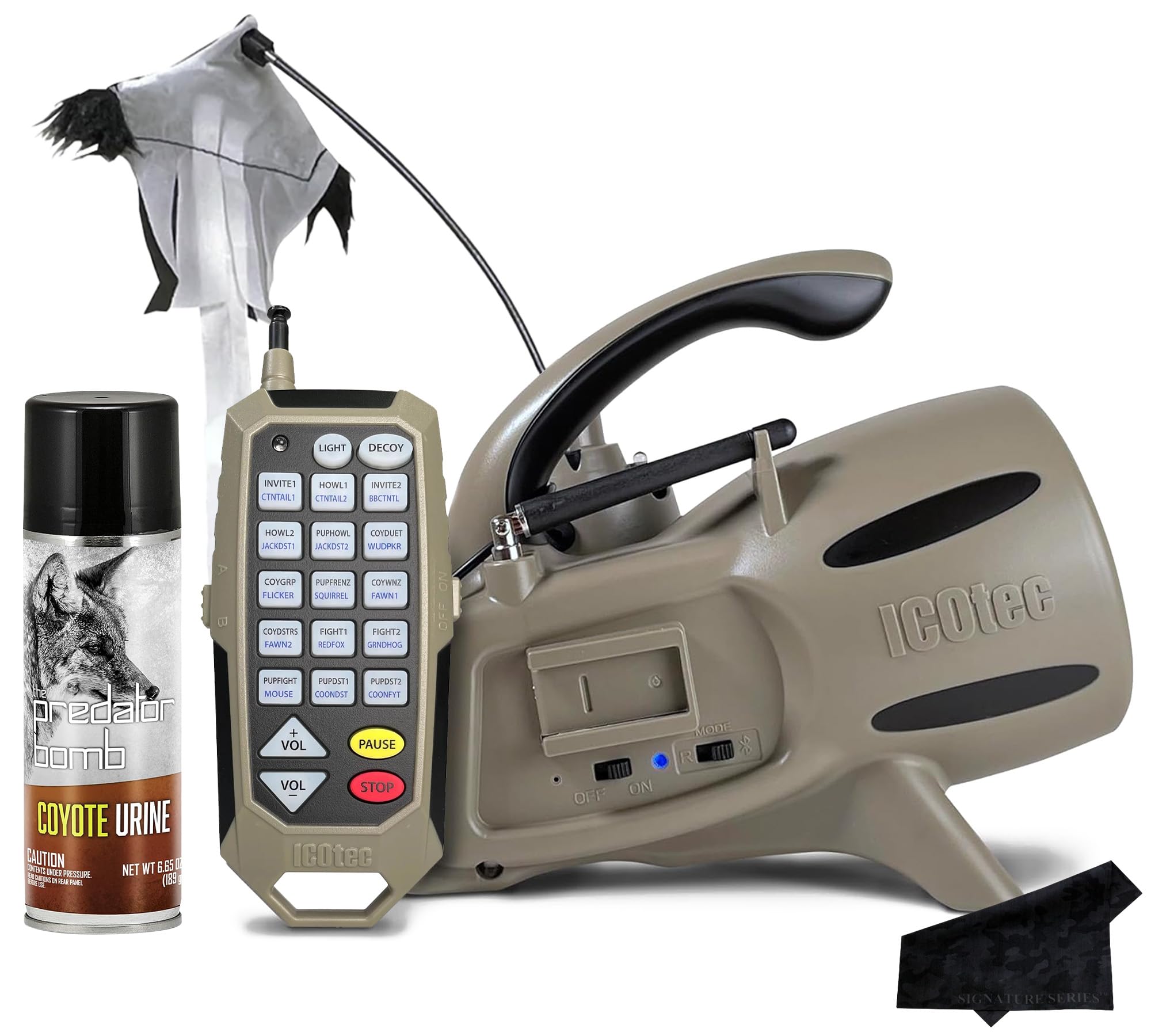 ICOtec 320+ Electronic Predator Game Call Decoy Combo | 300 Yard Remote Range with 30 Fixed Calls and Bluetooth | Bundle with Hunters Specialties Predator Bomb Coyote Urine and Signature Series Cloth