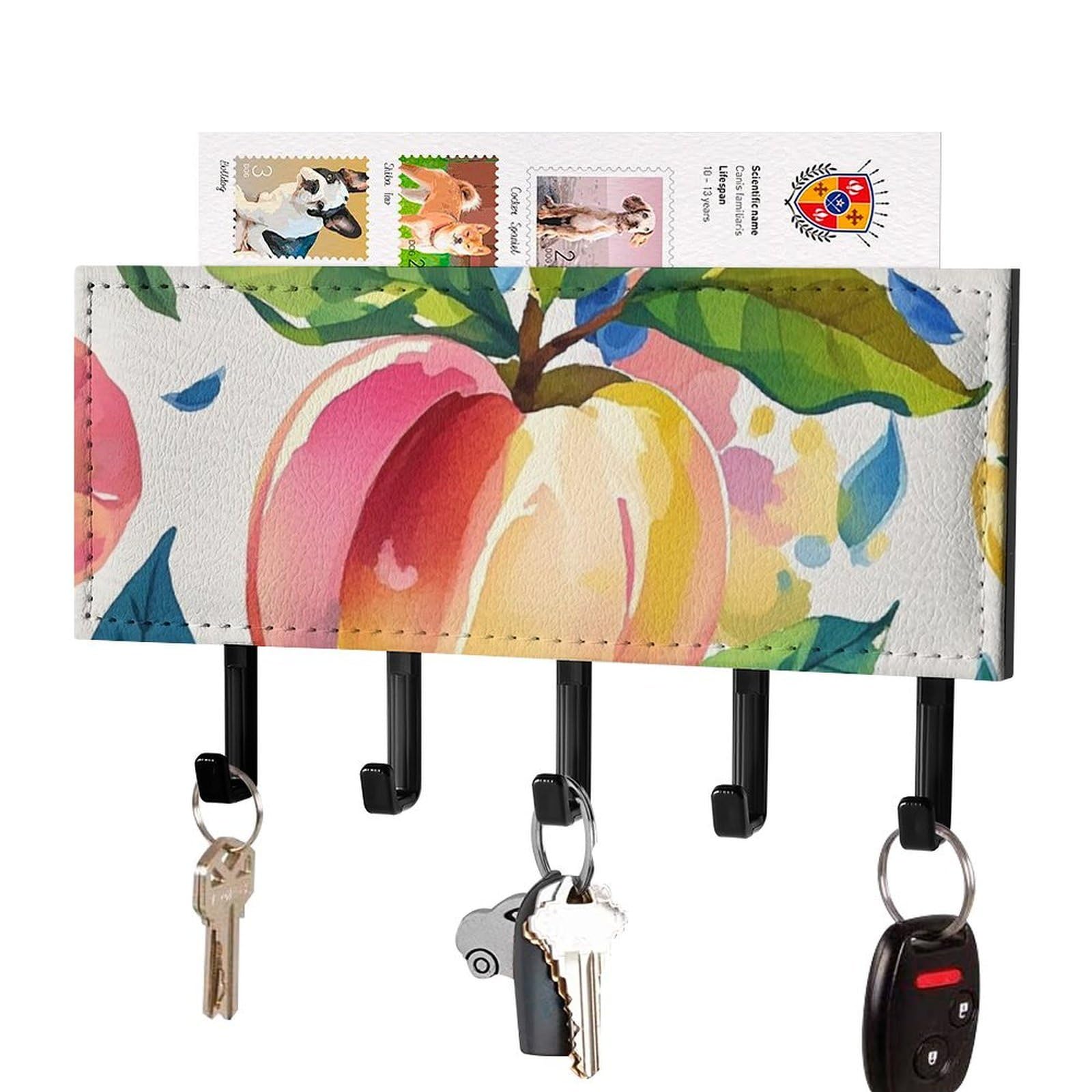 Fekiloot Black-Style Colorful Peach Watercolor Key Holder Wall Mount Key Hanger With 5 Hooks Decorative Key Rack Hanging Key Hooks With Mail Organizer Key Holder For Wall Living Room Kitchen Bathroom Hallway Black