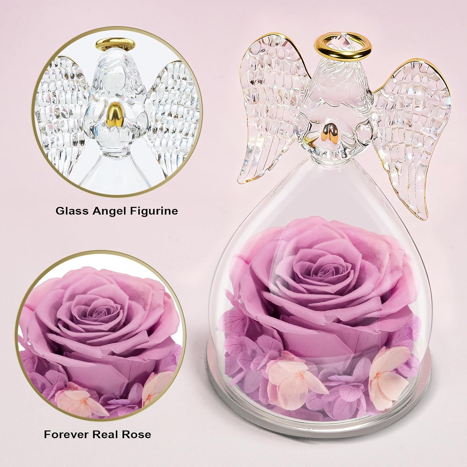 Yamonic for Mom, Moms Birthday Gifts for Women Grandma, Angel Figurines with Preserved Real Flowers Rose for Mothers Day, Wife Anniversary, Valentine's Day Gifts for Her(Pink+Purple) - Image 7