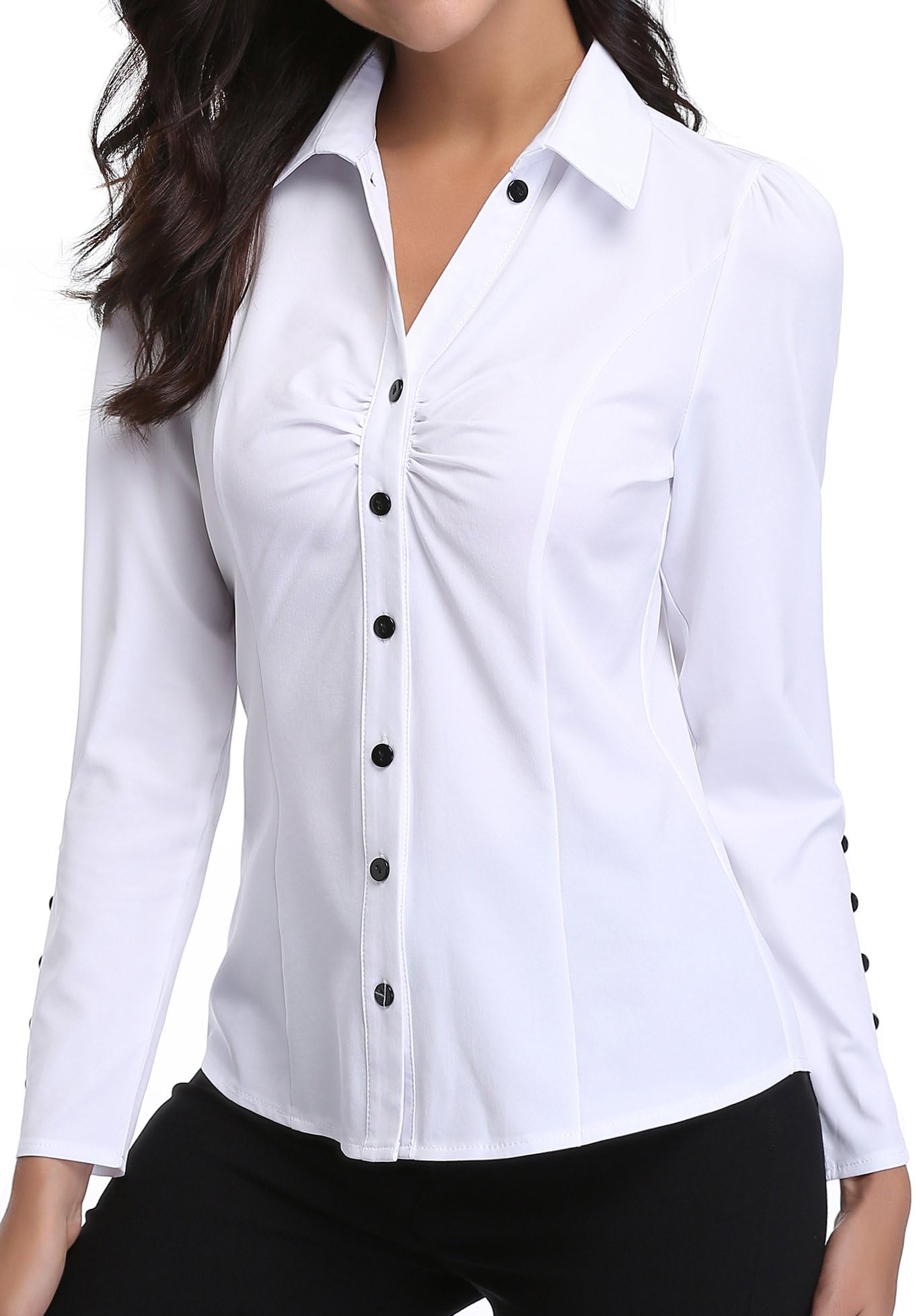 WUDODOWomen's Formal V Neck Long Sleeve Shirt Top Button Down Lapel Work Office Business Blouse