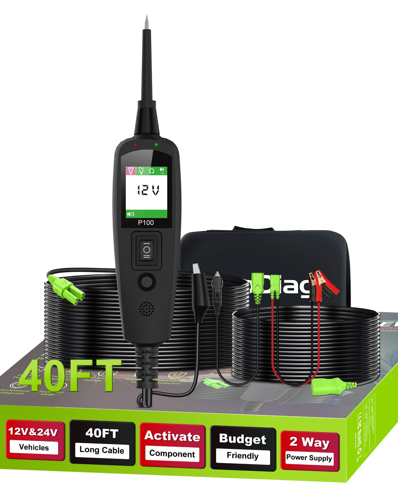 TopDiag P100 Automotive Circuit Tester 12V 24V Power Circuit Probe Tester, Car Electrical Test Tool Kit AC DC Digital Voltage Tester, Auto Diagnostic Kit for Vehicle Trailer Truck Motorcycle Boat