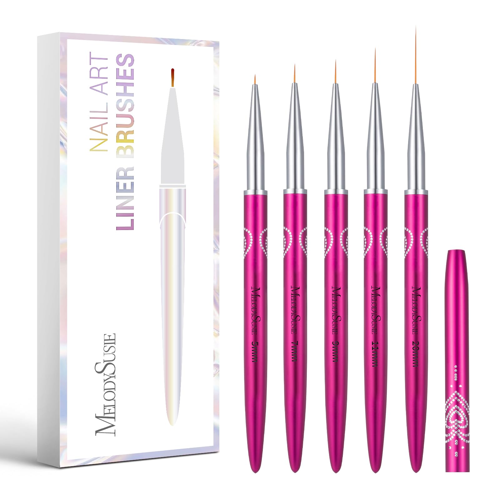 MelodySusie Set di 5 pennelli professionali per nail art, per nail art, per linee sottili e lunghe, piccoli dettagli, disegni fini, colori delicati, dimensioni 5/7/9/11/20 mm
