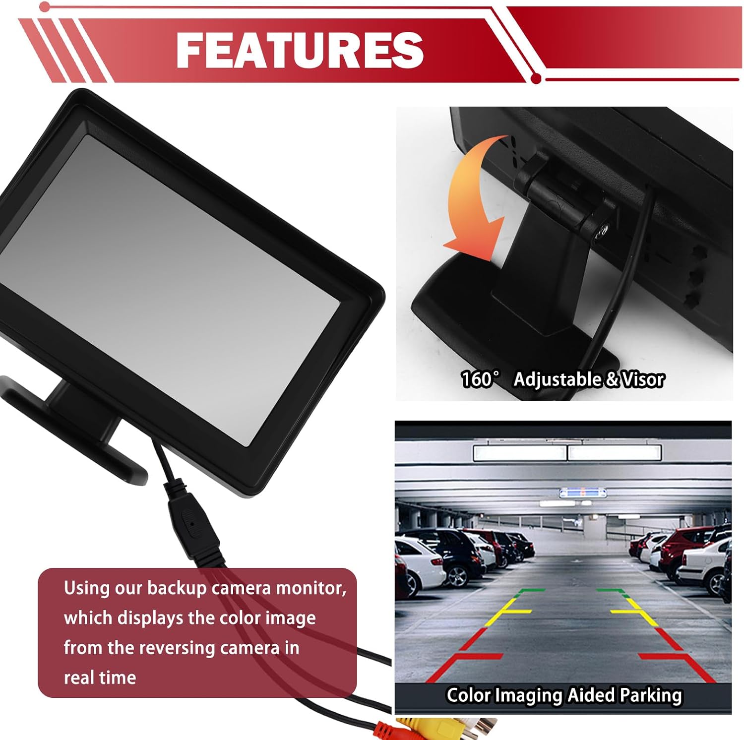 LCD Backup Camera Monitor Only,4.3" Backup Camera Screen with 160° Adjustment & Auxiliary Parking Lines Designed to Assist You in Parking,Color Back Up Cameras for Cars Monitor