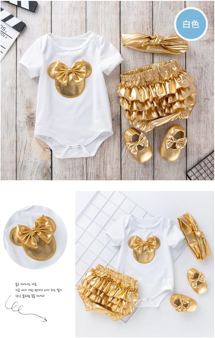 Meufam Newborn Baby Girls Mini Mouse Gold Short Sleeve Romper Ruffle Bloomers Pants Headband Shoes Outfits 4Pcs