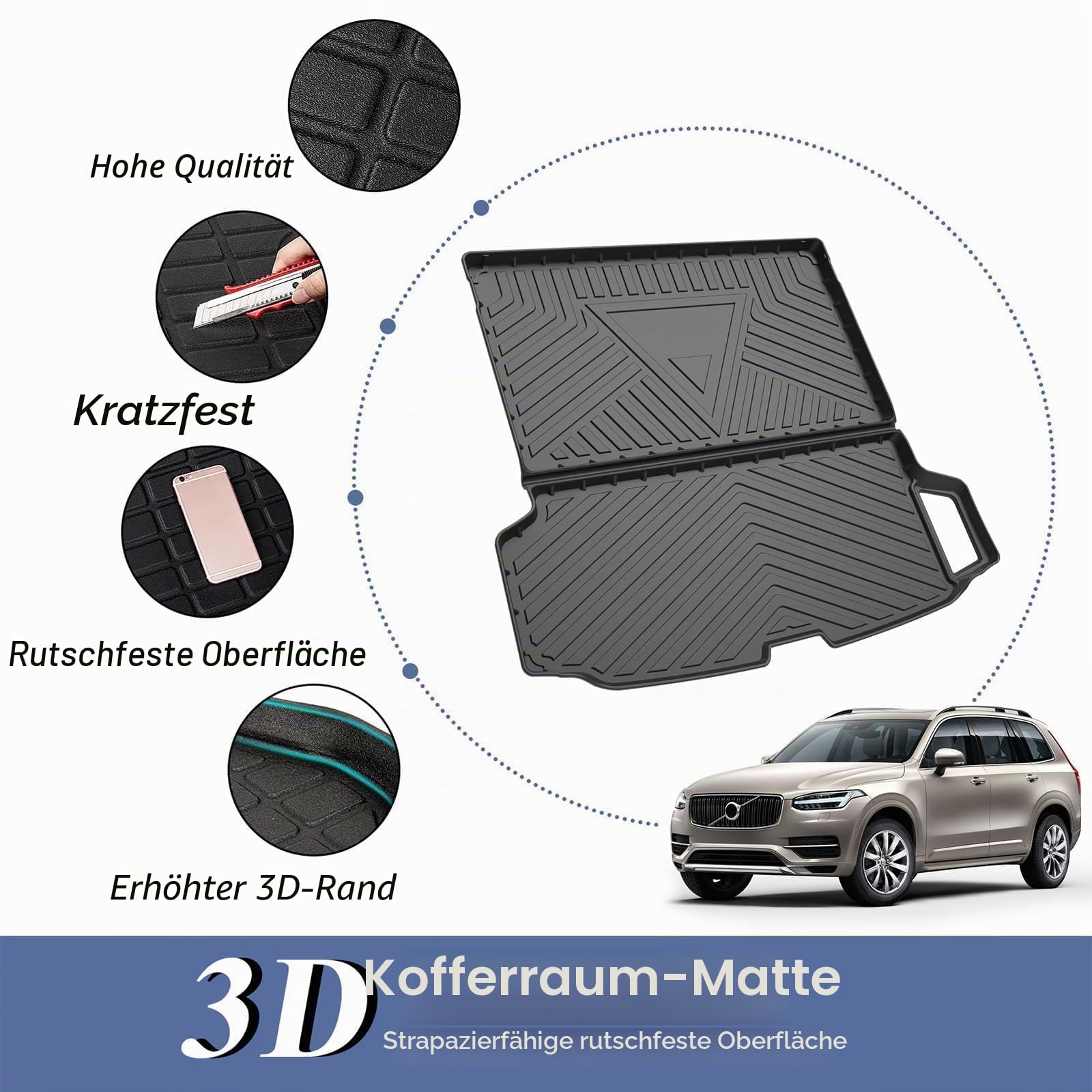 PSLER Auto Allwetter Wasserdicht Protector Pad Hinten Cargo Liner Trunk Kofferraummatte für XC90 2015 2016 2017 2018 2019 2020 2021 2022 2023 2024