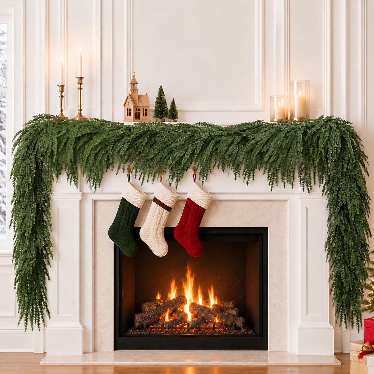 SHOPNEW 9FT(2.7M) Norfolk Pine Christmas Garland,Real Touch Pine Garlands