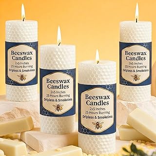 4 Pack Beeswax Pillar Candles, Pure Natural White Beeswax Pillar Candles...