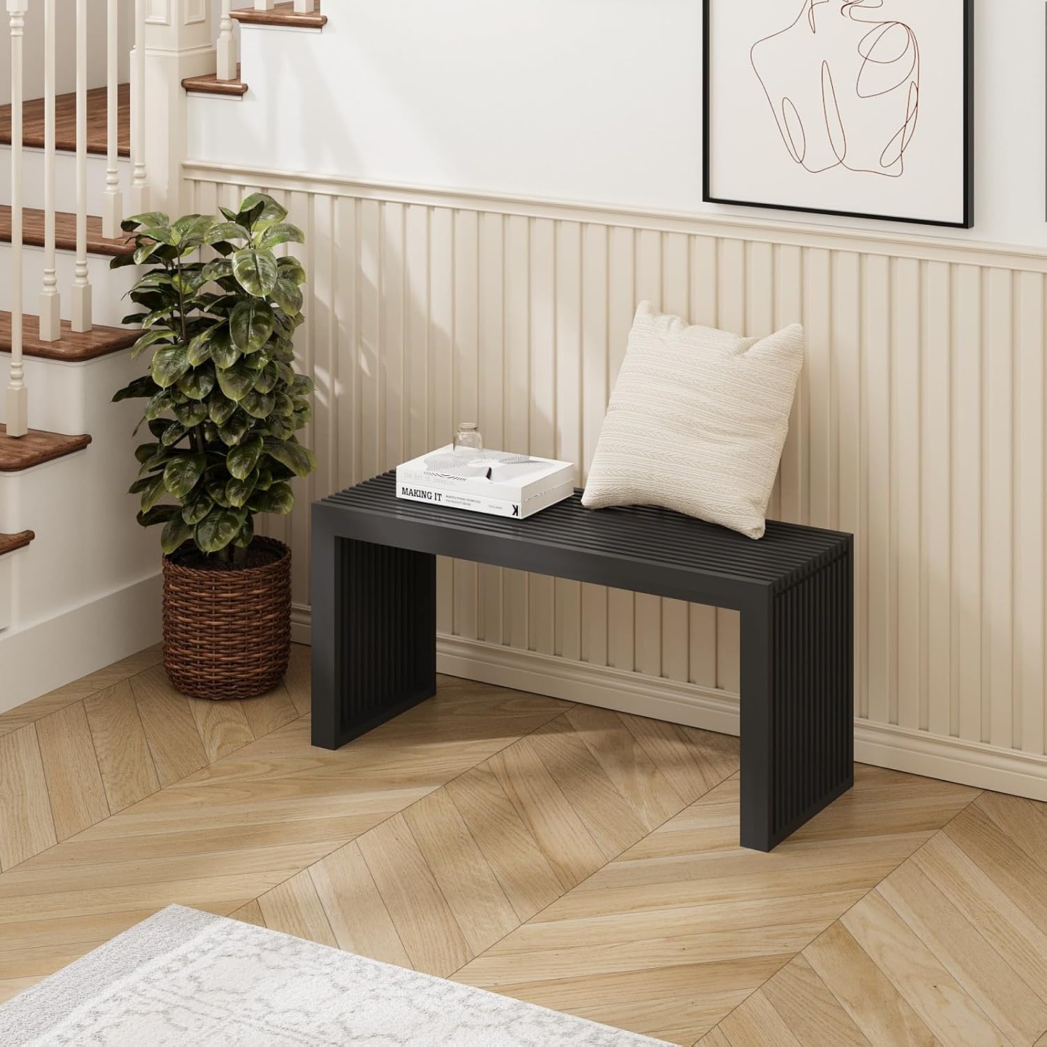 Bamboo Dining Bench, 35 inch Farmhouse Decor Indoor Kitchen Table Bench, Entryway Shoe Rack Bench, Outdoor Bench, Solid Bamboo Benches for Living Room, Hallway, Bedroom