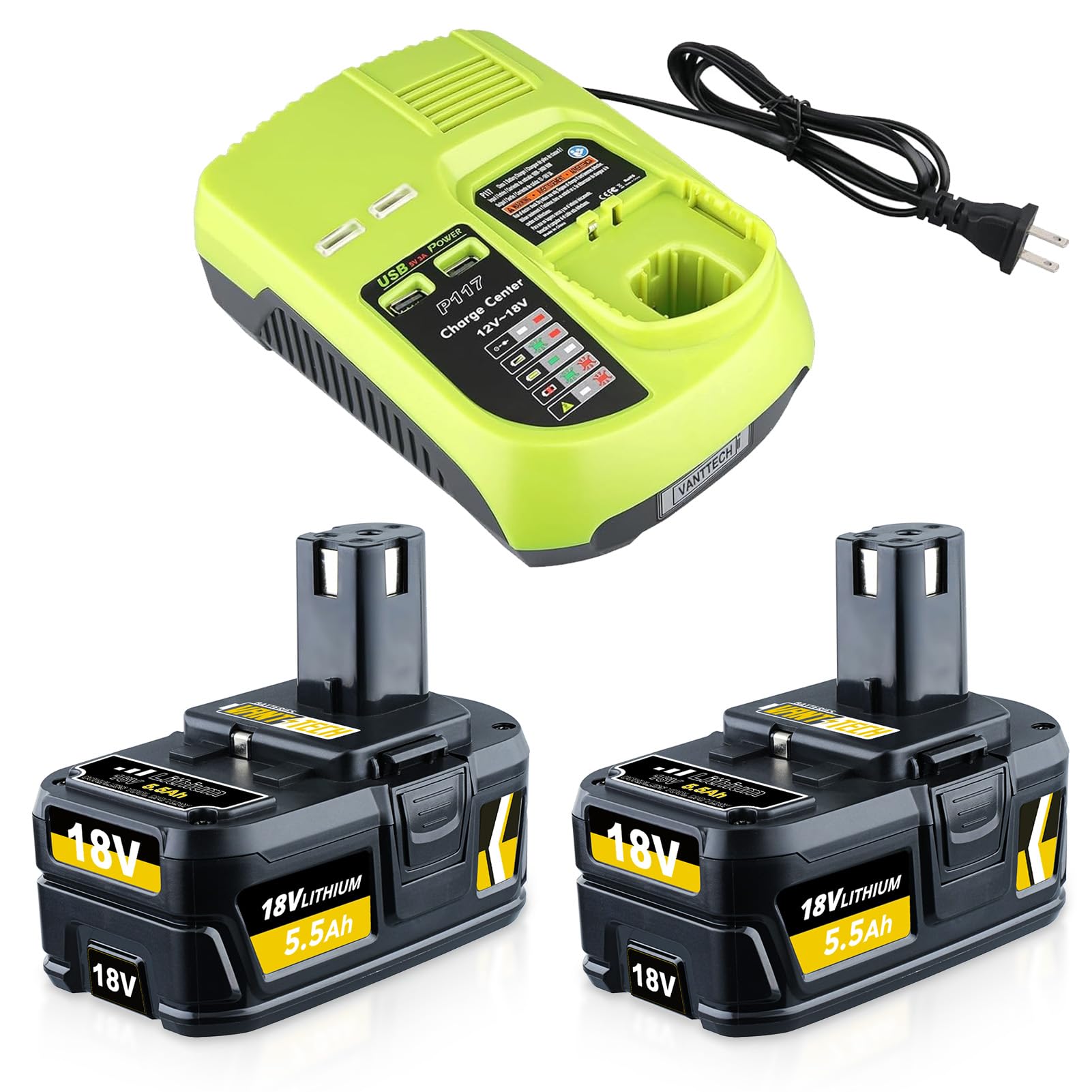 VANTTECH2Packs P108 18V 5.5Ah Lithium Replacement Battery & P117 3A Fast Charger Compatible for Ryobi 18V Battery P102 P103 P104 P105 P107 P109 Compatible with Ryobi 18Volt Plus Power Cordless Tools
