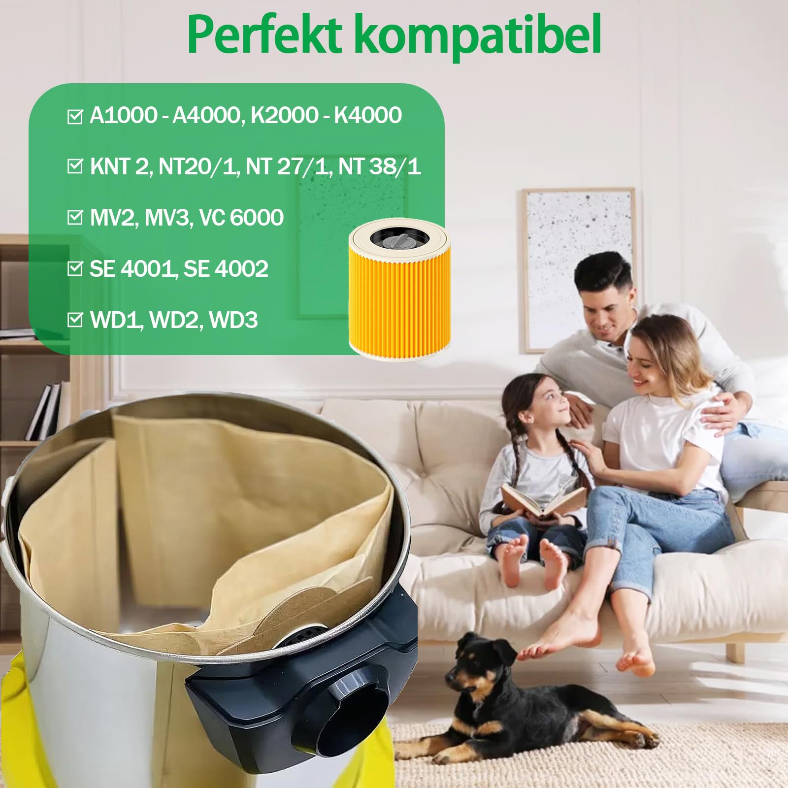 10 Sacchetti per Karcher WD3 WD3.200 WD3.300 WD3.500 WD3.800 MV3 SE4001/4002 + 2 Filtri a Cartuccia