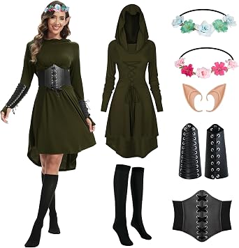 Women's Renaissance Hooded Dress Set Medieval Costume with Accessories