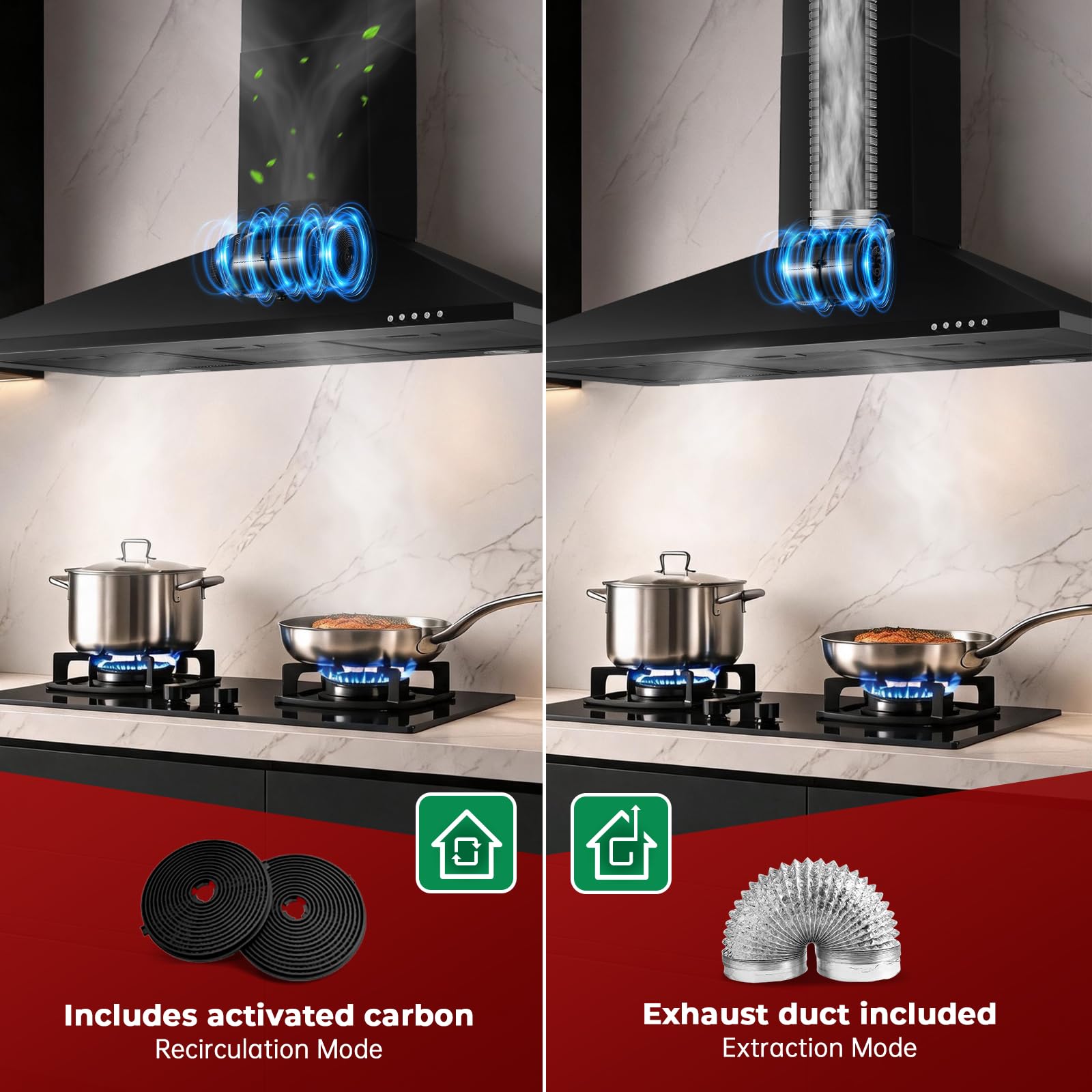 TopStrong 90cm Dunstabzugshaube, A+++, 450m³/h, LED, Umluft und Abluft | Aktivkohlefilter inklusive