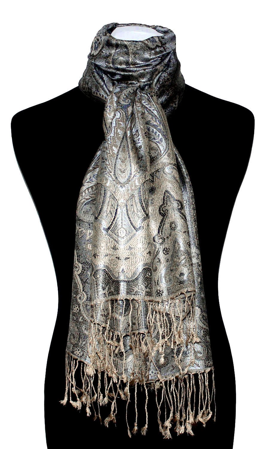 Lorenzo Cana Bufanda Pashmina para mujer tejido jacquard 100% seda 70 x 190 cm cachemira bufanda de seda, Azul, crema y oro.