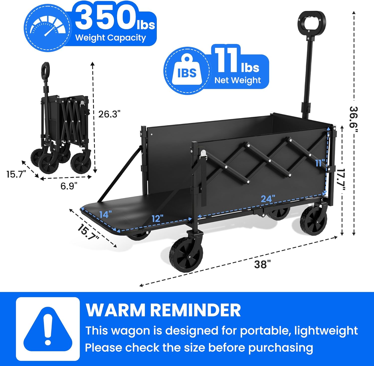 Collapsible Wagon with Wheels, 350lbs Wagons Carts Foldable Wagon Cart with Expandable Storage 100L & Flexible Handle, Lightweight Portable Folding Utility Grocery Shopping Cart for Garden Camping