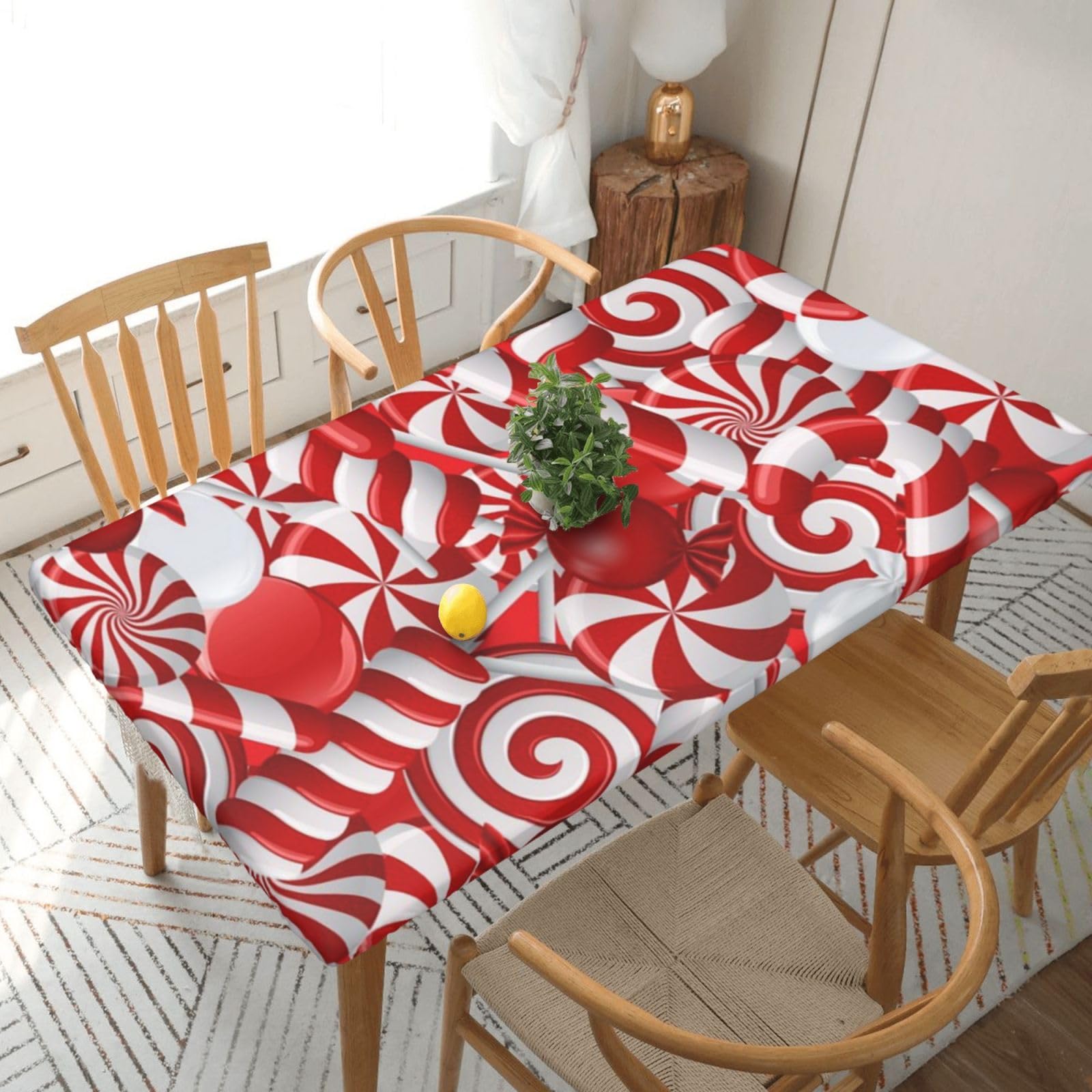 DCEHGEW Elastic Fitted Rectangle Tablecloth for 5ft Tables, Candy Canes Printed Oilproof & Washable Fabric Picnic Table Cloth Table Covers