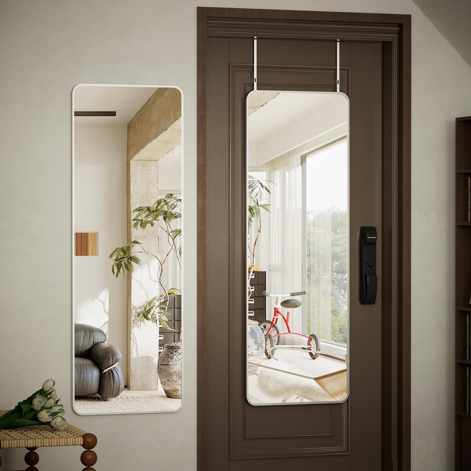 BEAUTYPEAK 14"x48" Full Length Over The Door Mirror, Aluminum Alloy Frame Full Body Mirror with Height-Adjustable Hangers, Hanging Mirrors for Bedroom