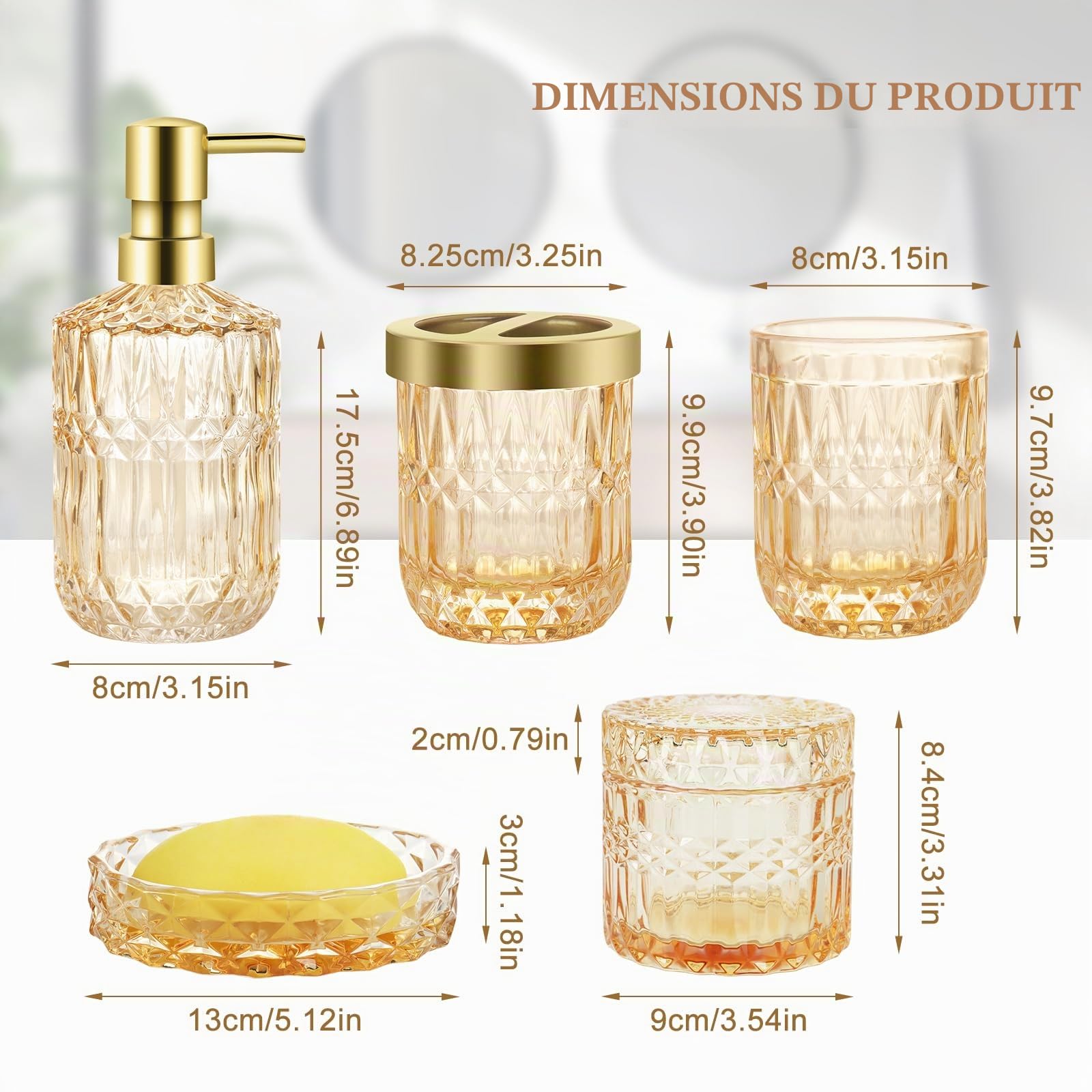 Lot de 5 accessoires de salle de bain en verre doré, distributeur de lotion, porte-savon, porte-brosse à dents, gobelet, cotons-tiges, décoration de salle de bain pour salle de bain moderne, cadeau