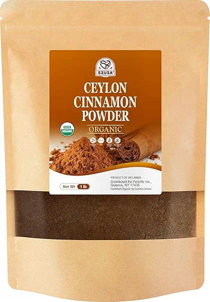 52USA Organic Ceylon Cinnamon Powder, 1lb Resealable Bag | True Cinnamon from Sri Lanka, Non-GMO, Gluten-Free, Freshly Ground for Baking, Cooking & Beverages