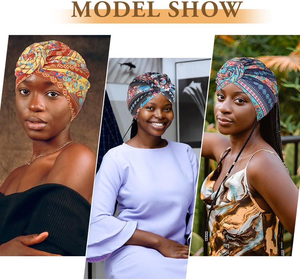 Bohend African Pattern Knot Headwrap Cap Colorful Pre Tied Beanie Boho Turbans Bonnet Flower Stretch Women Headscarf Hat 4Ps - Image 4