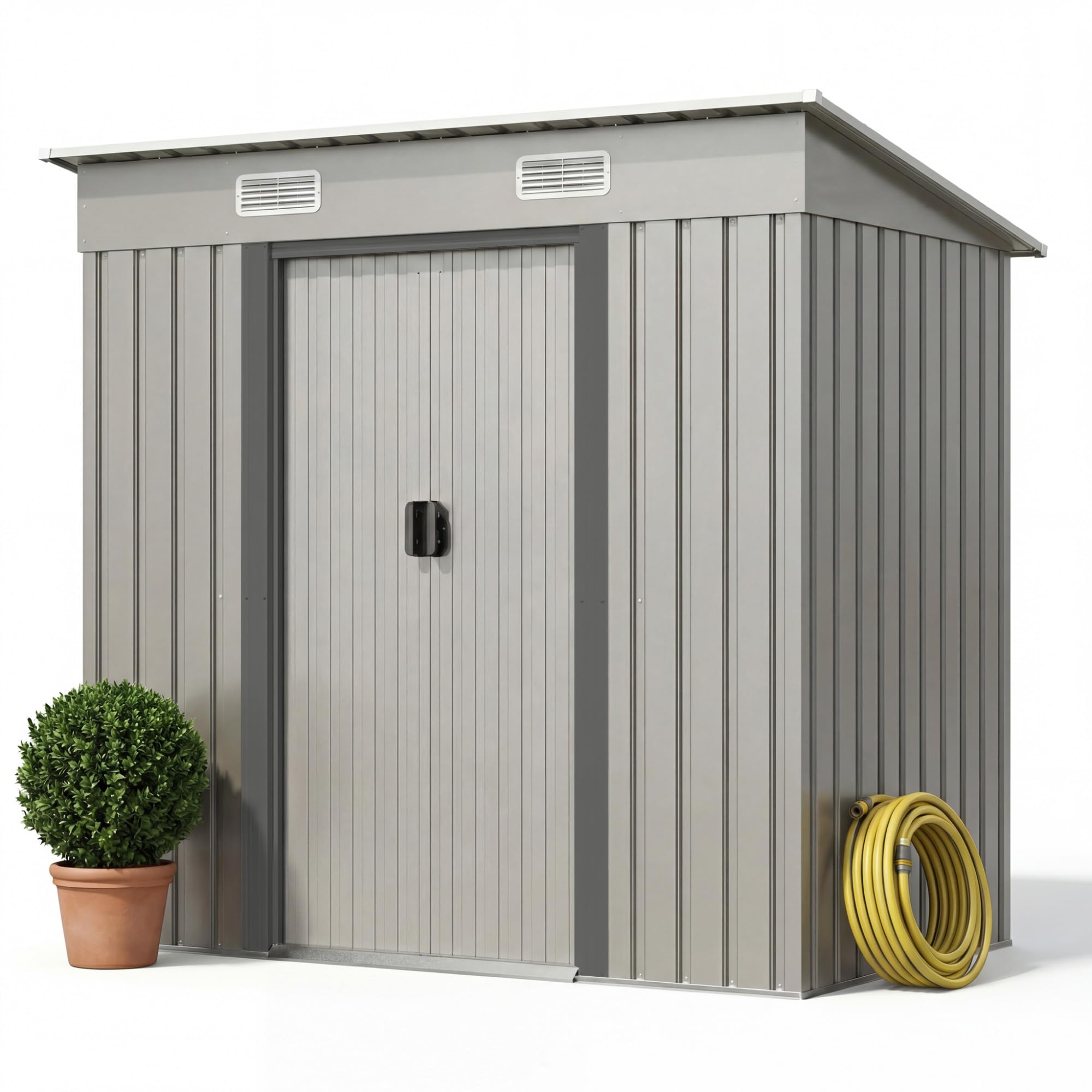JUMMICO Metall Gerätehaus 3.63m³ Geräteschuppen 183x109x182cm, Gartenschuppen mit Fundament und Schiebetüre, Gartenhaus für Gartengeräte und Mülltonnen, Silber