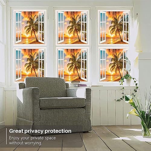 Vista 118 de Tropic - Película 3D para ventana, palmeras tropicales oceánicas en isla soleada, imagen panorámica, para puerta de cristal, baño, sala de estar