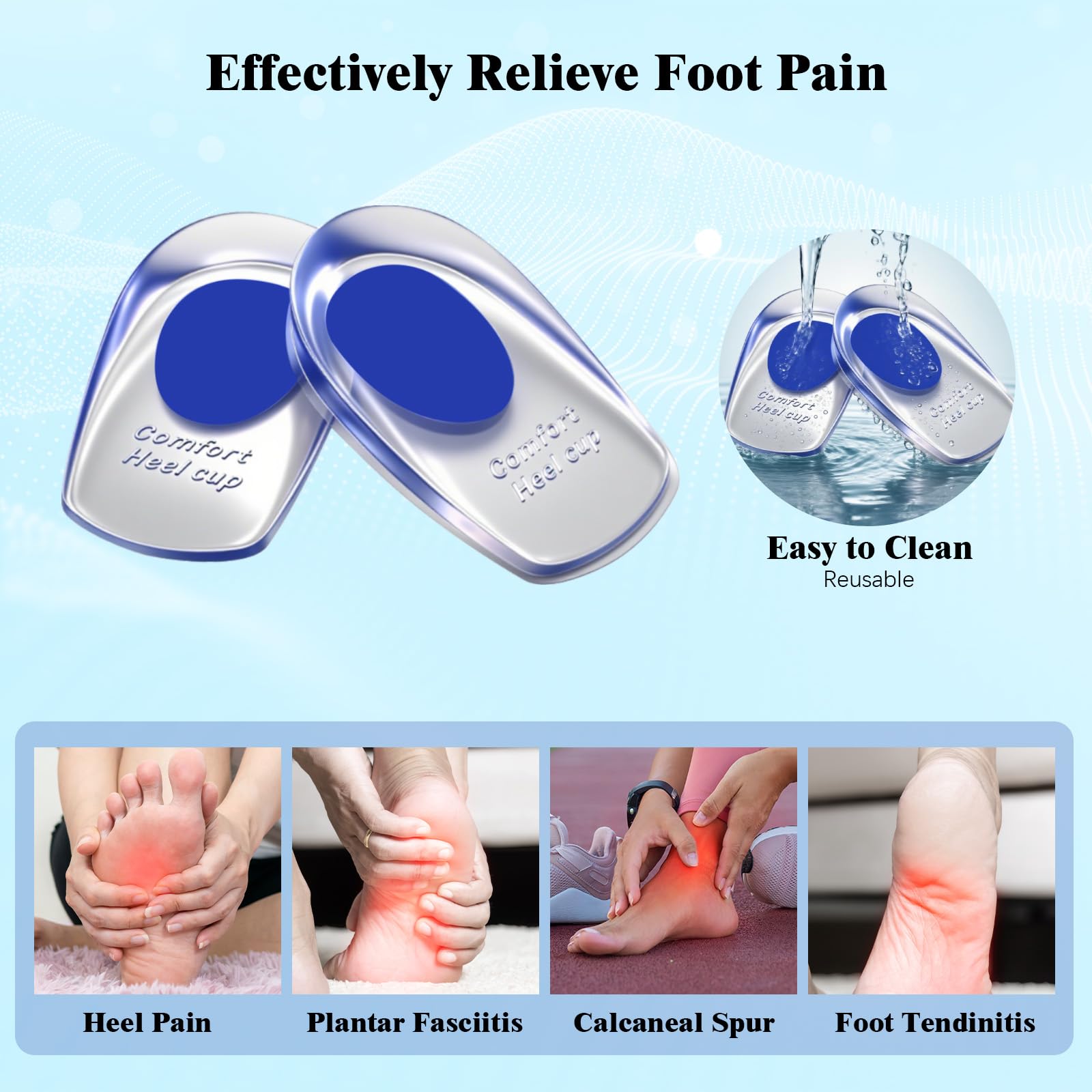 4 ParesTaloneras Silicona, Almohadillas de Gel para Talones, Taloneras Fascitis Plantar, Plantillas de Talón Gel, Reducir los Golpes, para Fascitis Plantar, Espolon Calcaneo, Azul