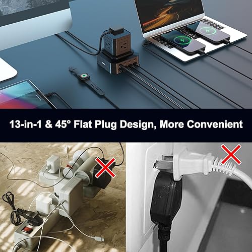 Miniatura 6 de URVNS Torre de regleta de alimentación, protector de sobretensiones con 5 salidas de CA y 8 puertos USB (PD 100 W QC30W), cable de extensión de 6.6