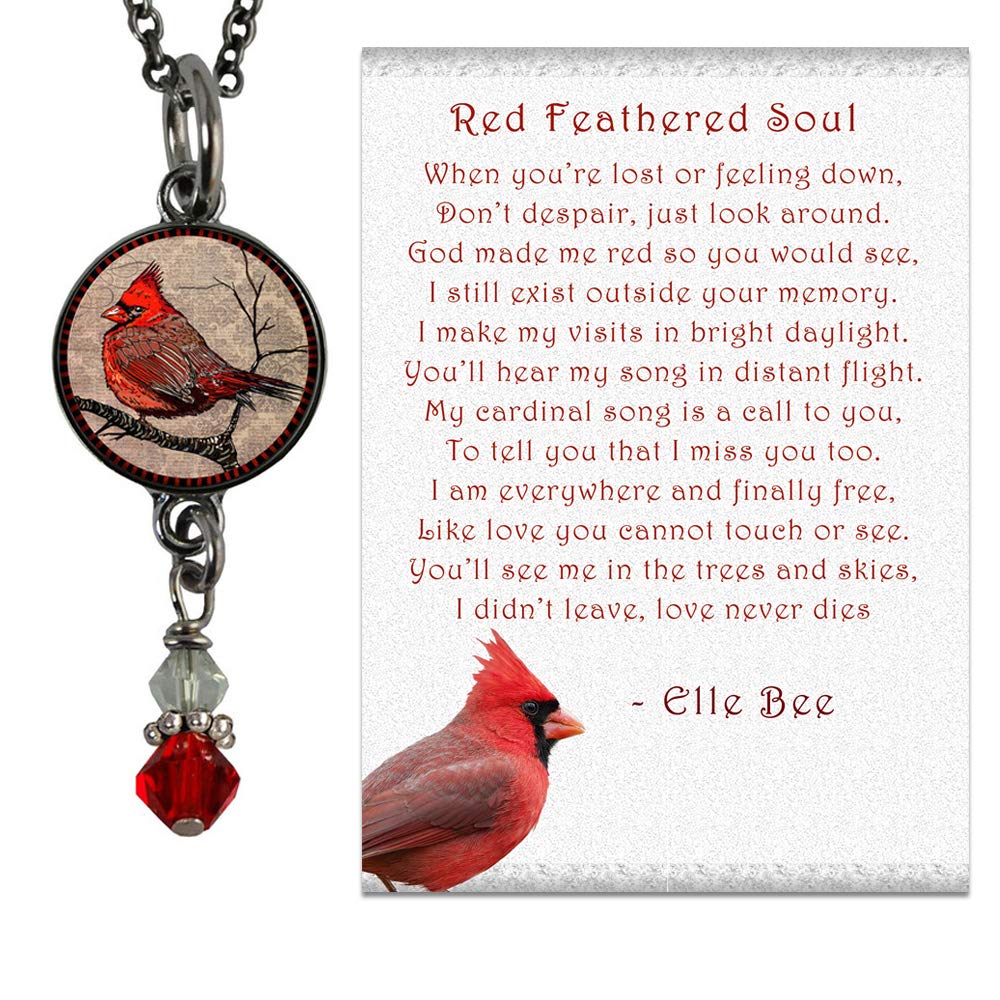 Lola Bella Gifts and Spirit Lala Cardinal Necklace with Backside Love Never Dies Red Feathered Soul Poem Card, Gift Box Grief Sympathy Gift