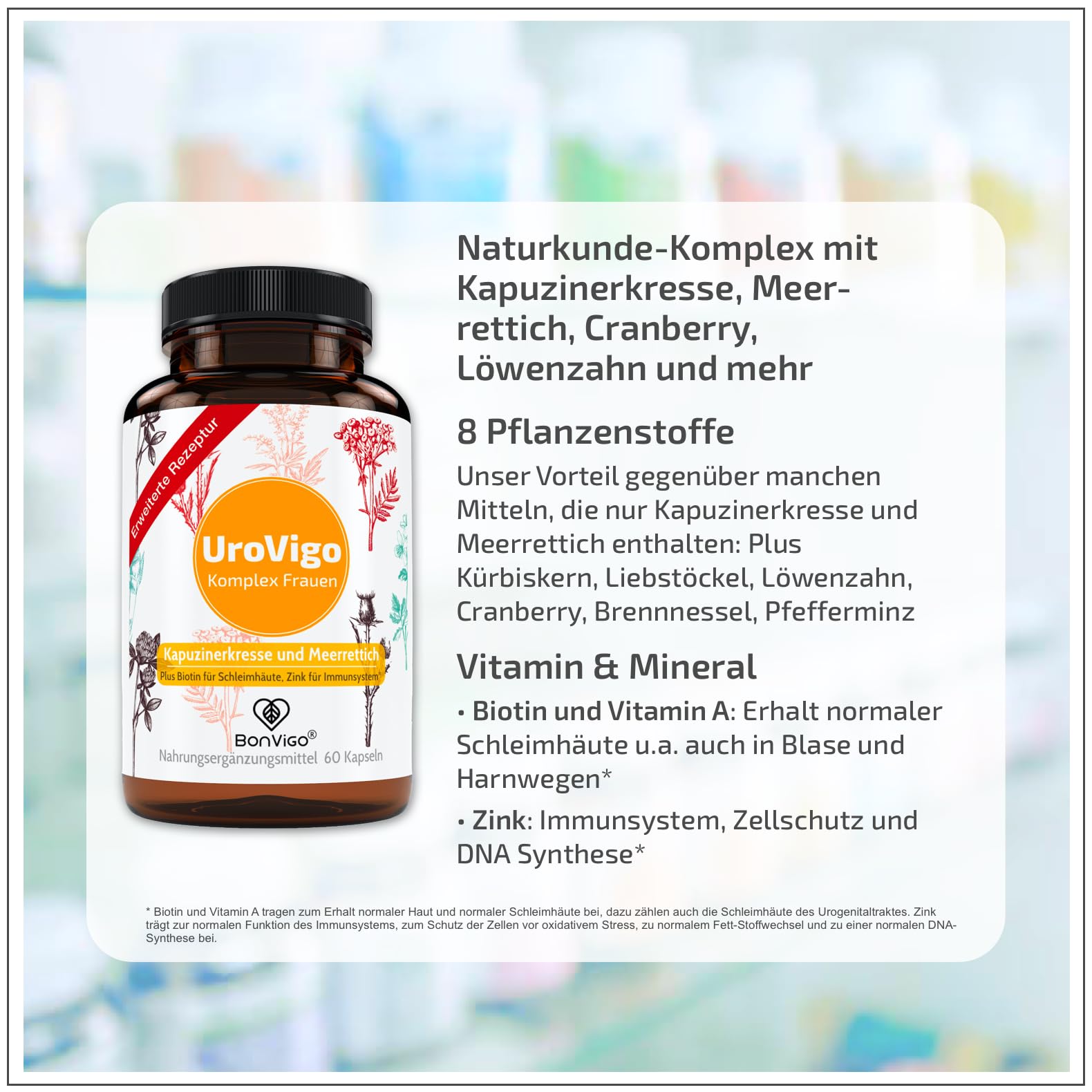 UroVigo FÜR DIE FRAU - Biotin & Vitamin A unterstützen Schleimhäute, Zink das Immunsystem - 8 Pflanzen-Komplex mit Kapuzinerkresse Meerrettich Cranberry Liebstöckel - Mit L-Methionin - 60 Kapseln