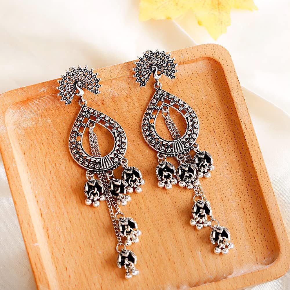 Boho Jhumka Jhumki Tassel Dangle Statement Earrings for Women Bohemian Peacock Long Bell Beads Chandelier Earring Ethnic Vintage Bollywood Gypsy Oxidized Traditional Indian Jewelry Gift - Image 4