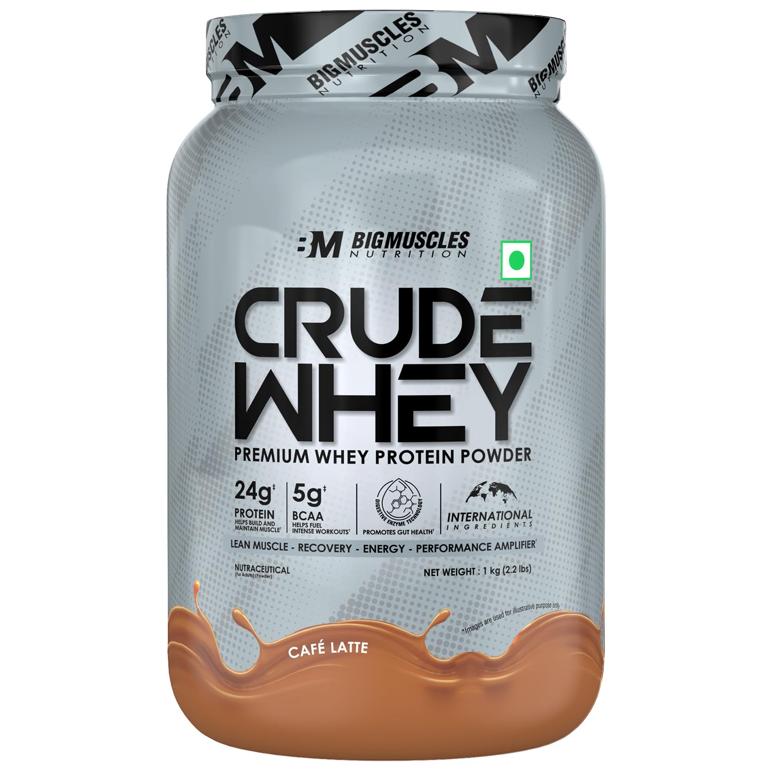 Bigmuscles Nutrition Crude Whey - 1 kg (Cafe Latte) | US FDA REGD. BRAND | Whey Protein Concentrate 80%, 24g Protein, 5.5g BCAA, 4 g Glutamine