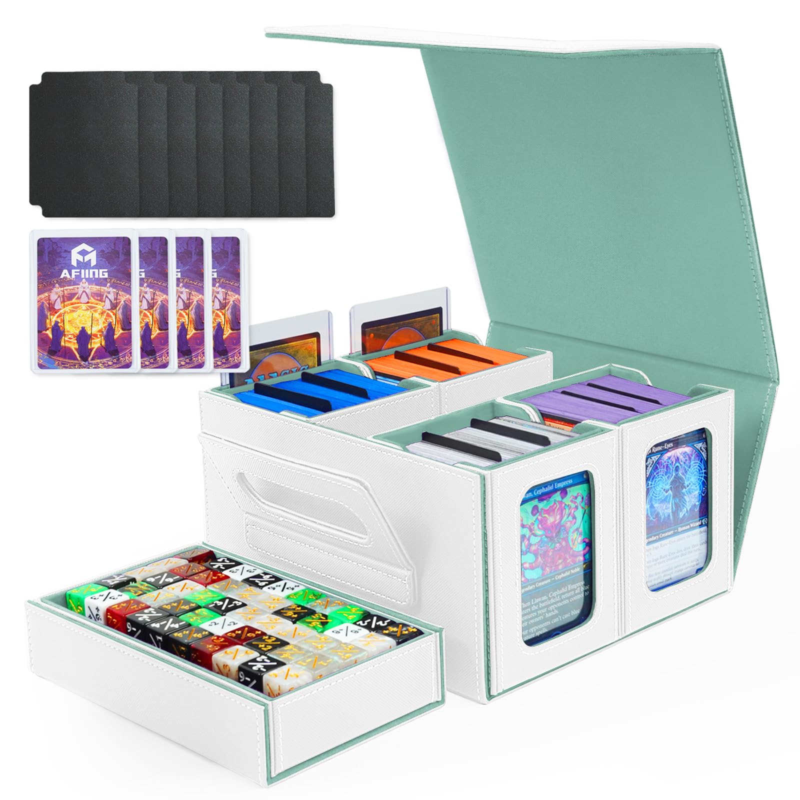 AFIING Commander Deck Box for MTG, Holds 400+ Double-Sleeved Cards, 5-in-1 Trading Card Storage Box with 4 Removable Deck Cases, Dice Tray & Handle (White Green) — image 1